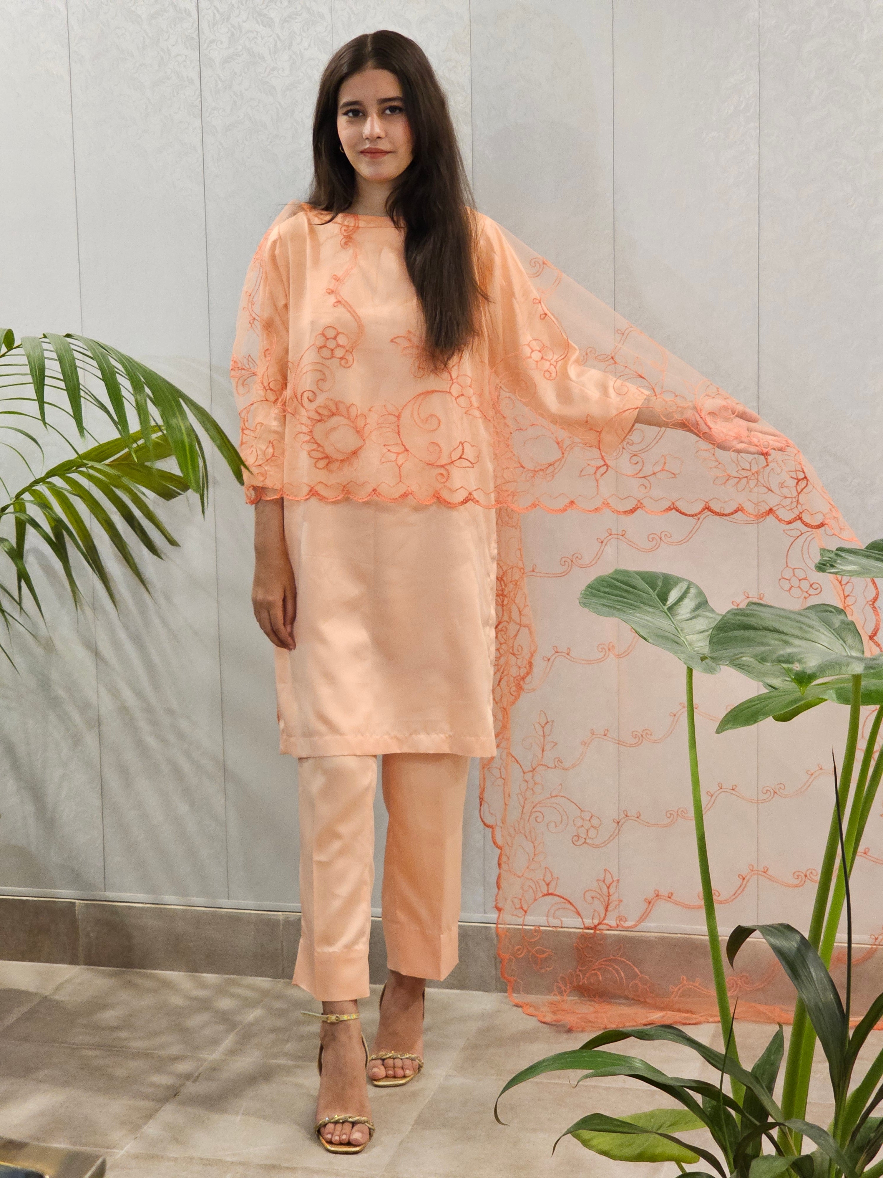 Satin Silk Suit With Net Capelet