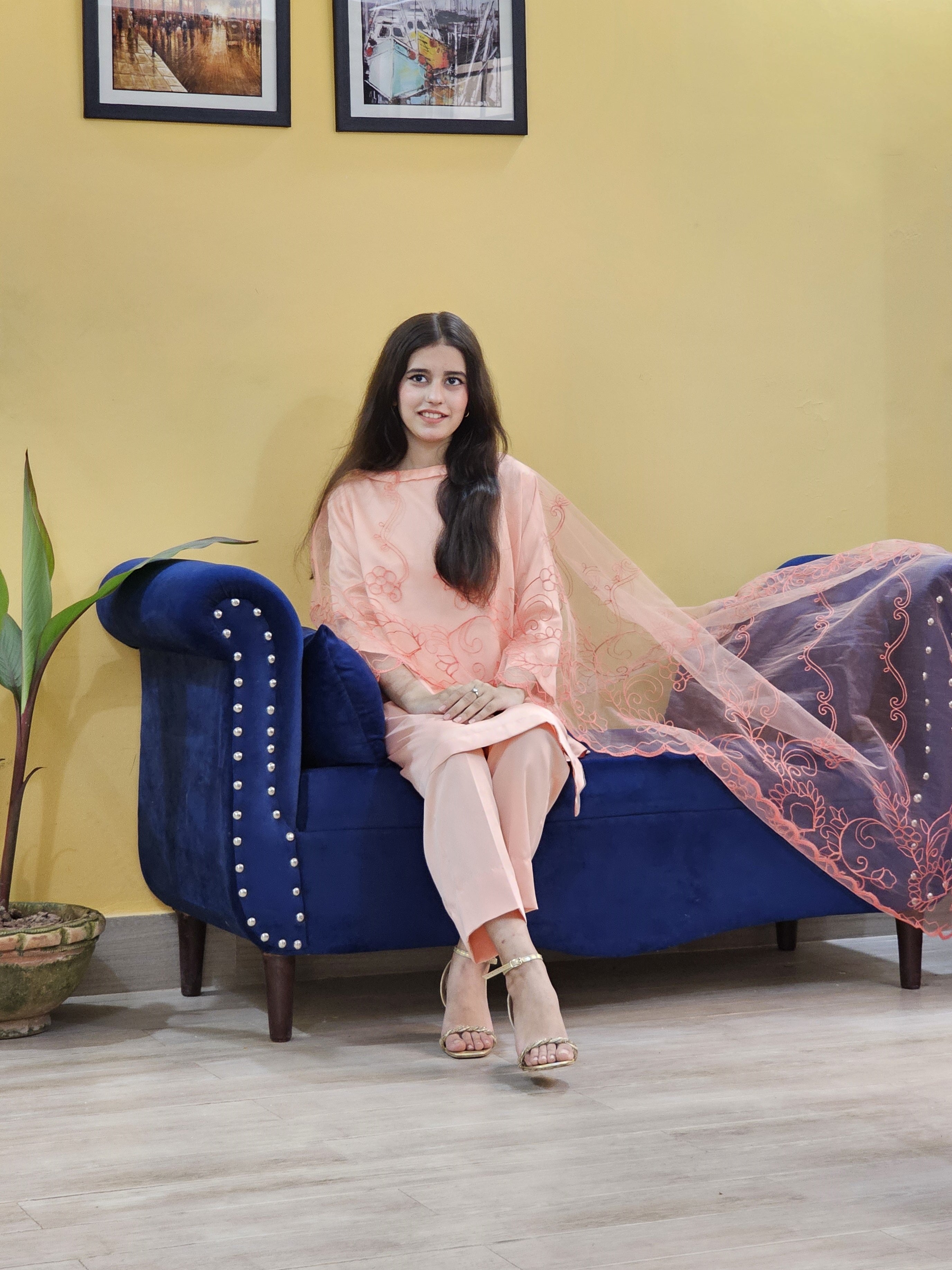 Satin Silk Suit With Net Capelet