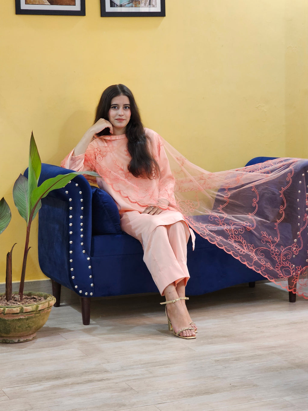 Satin Silk Suit With Net Capelet