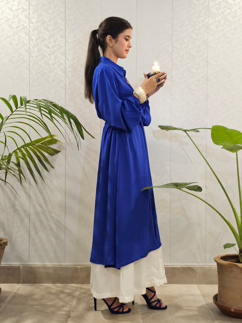 Dobby Weave Textured Royal Blue Willow Shirt With White Boot-Cut Trousers
