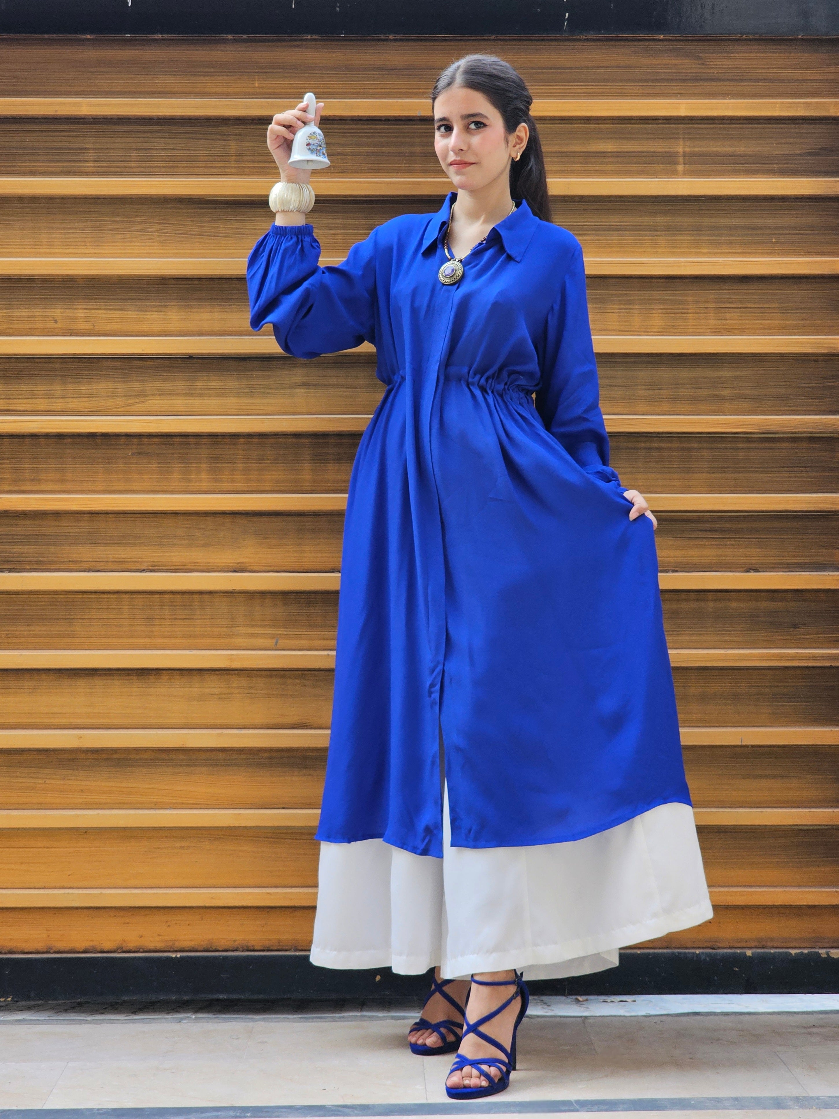 Dobby Weave Textured Royal Blue Willow Shirt With White Boot-Cut Trousers