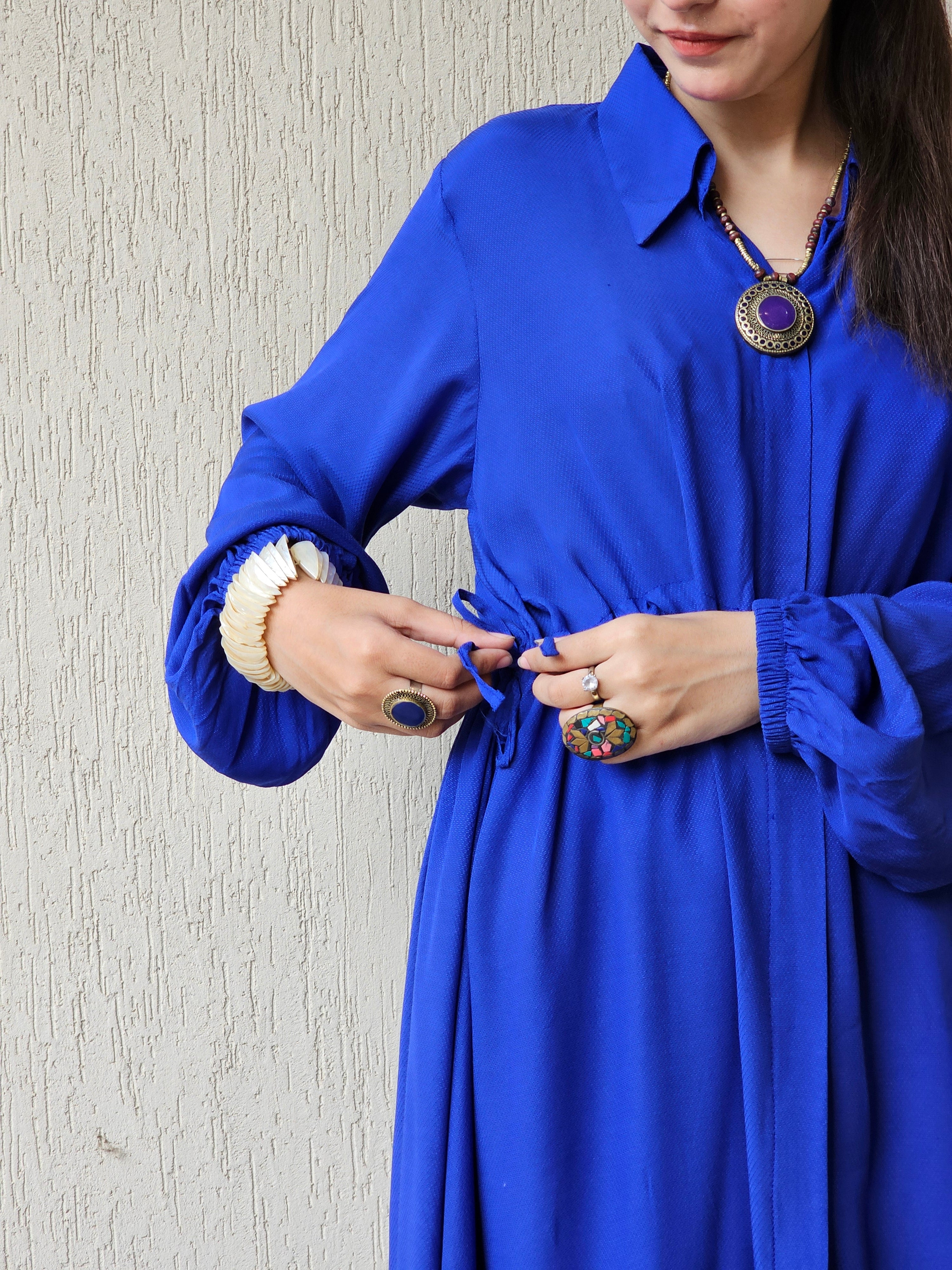 Dobby Weave Textured Royal Blue Willow Shirt With White Boot-Cut Trousers