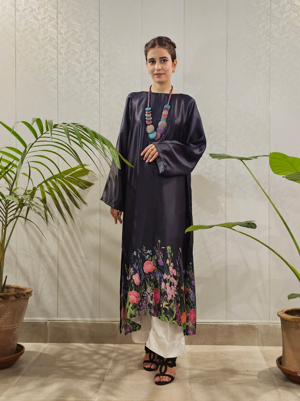 Short Silk A-Line Long Shirt Floral Border Shirt