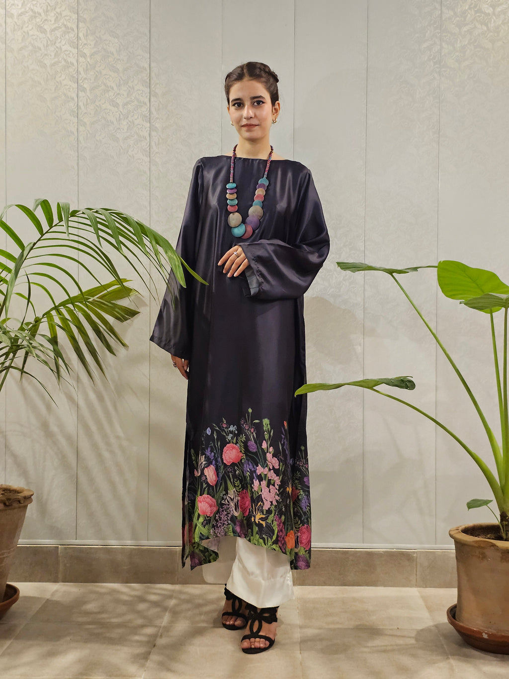 Short Silk A-Line Long Shirt Floral Border Shirt