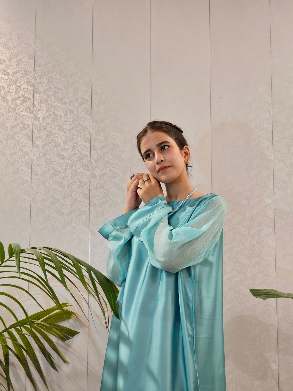 Short Silk A-Line Long Shirt Floral Border Shirt