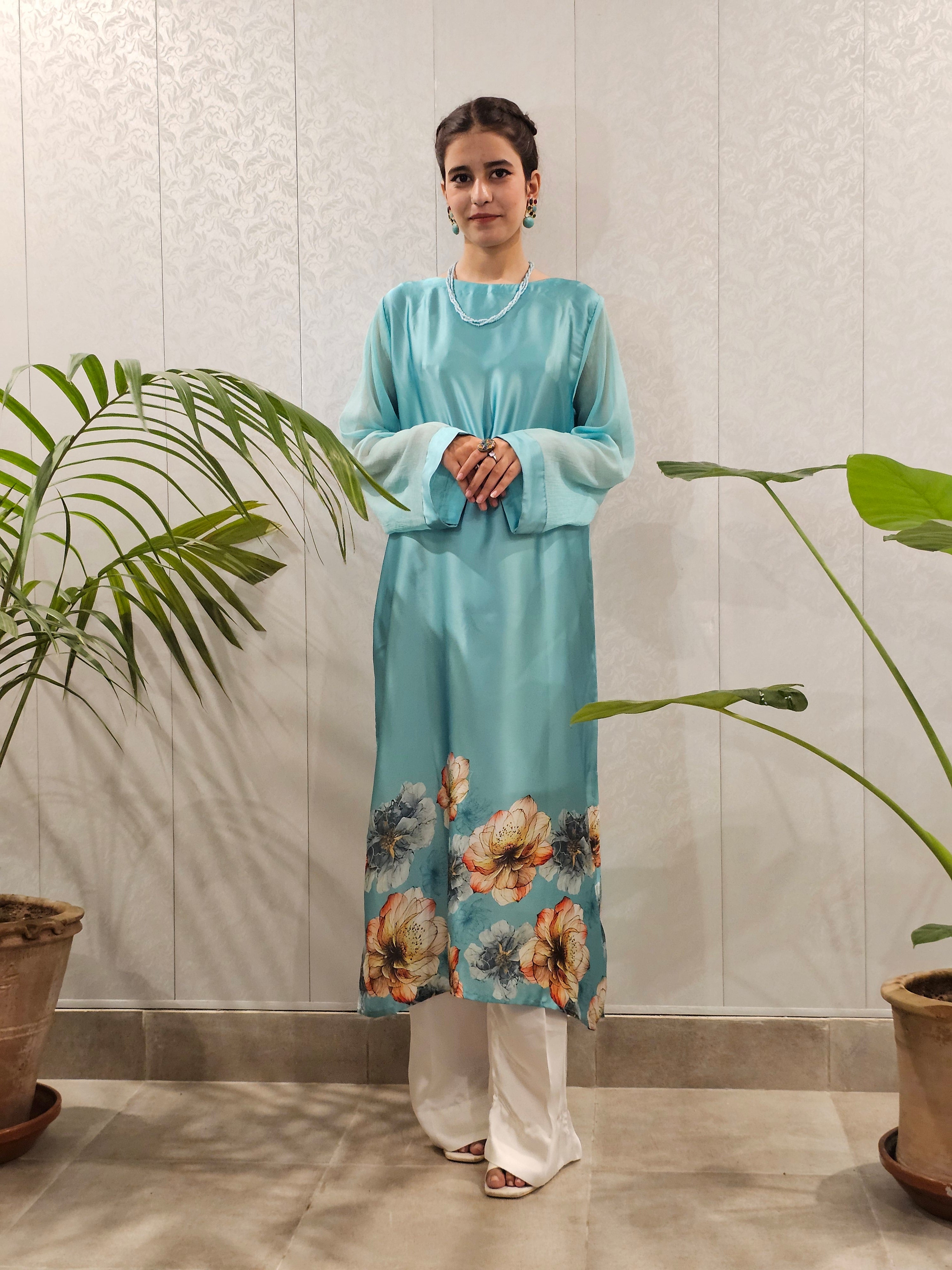 Short Silk A-Line Long Shirt Floral Border Shirt