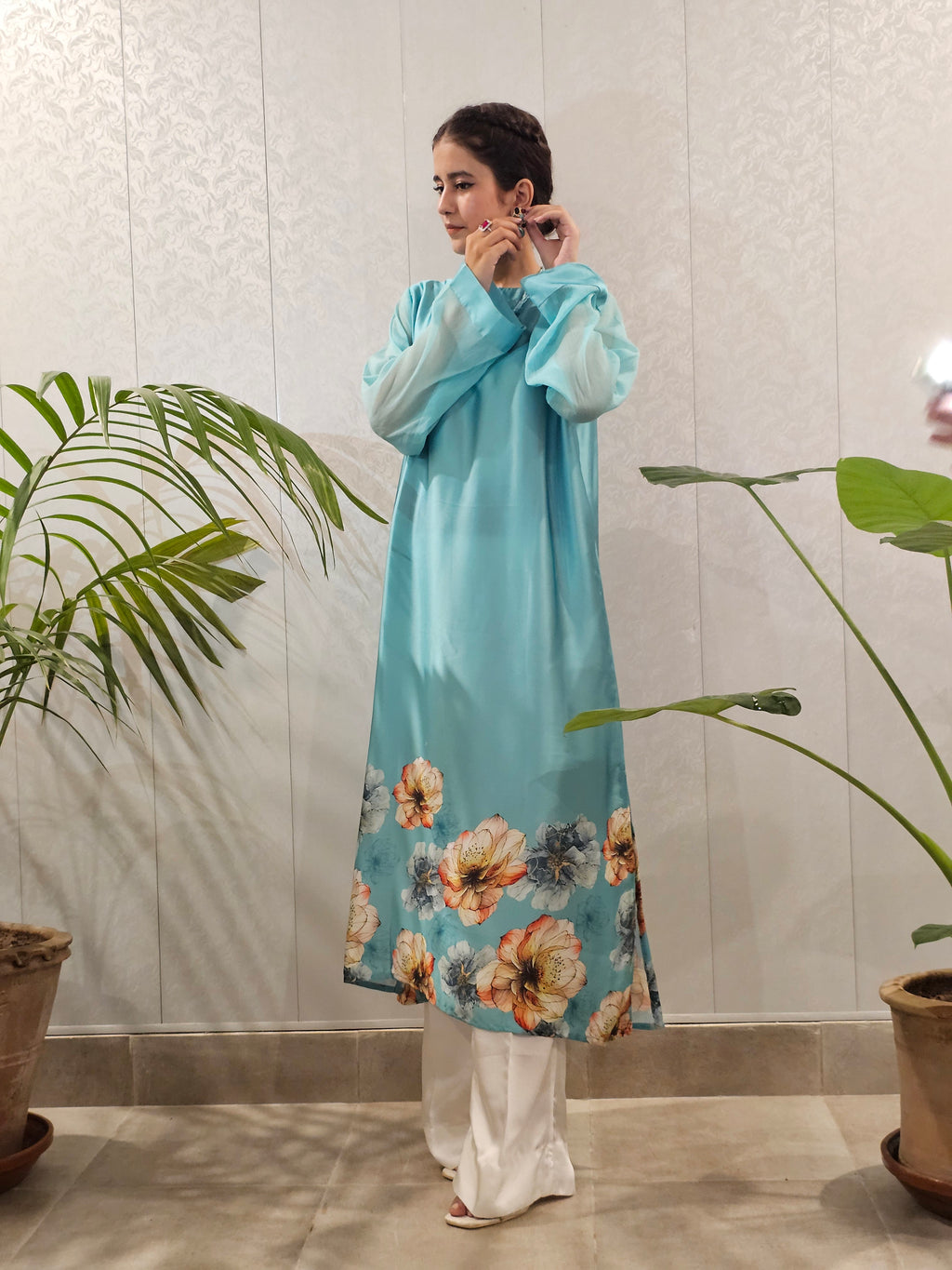 Short Silk A-Line Long Shirt Floral Border Shirt