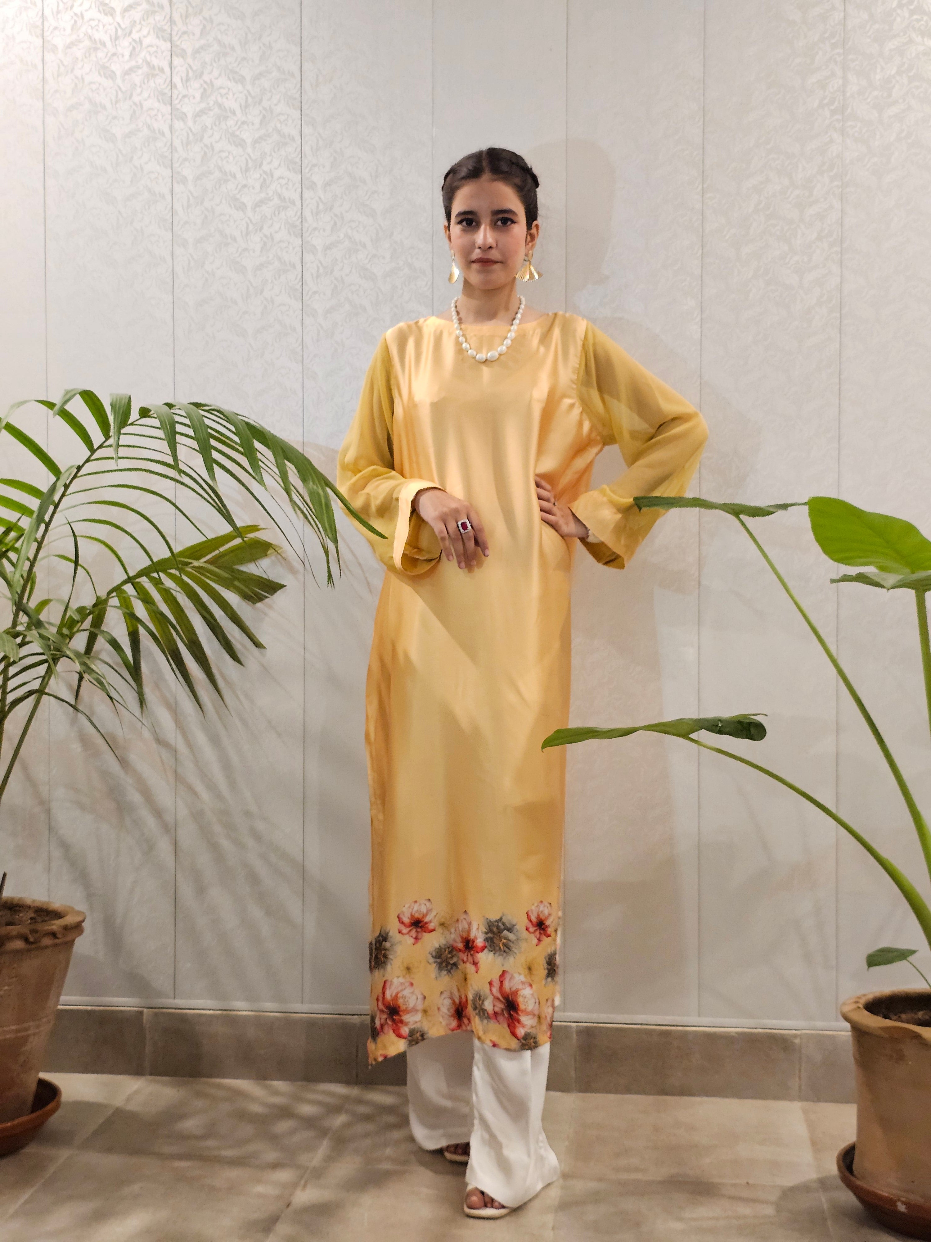 Short Silk A-Line Long Shirt Floral Border Shirt