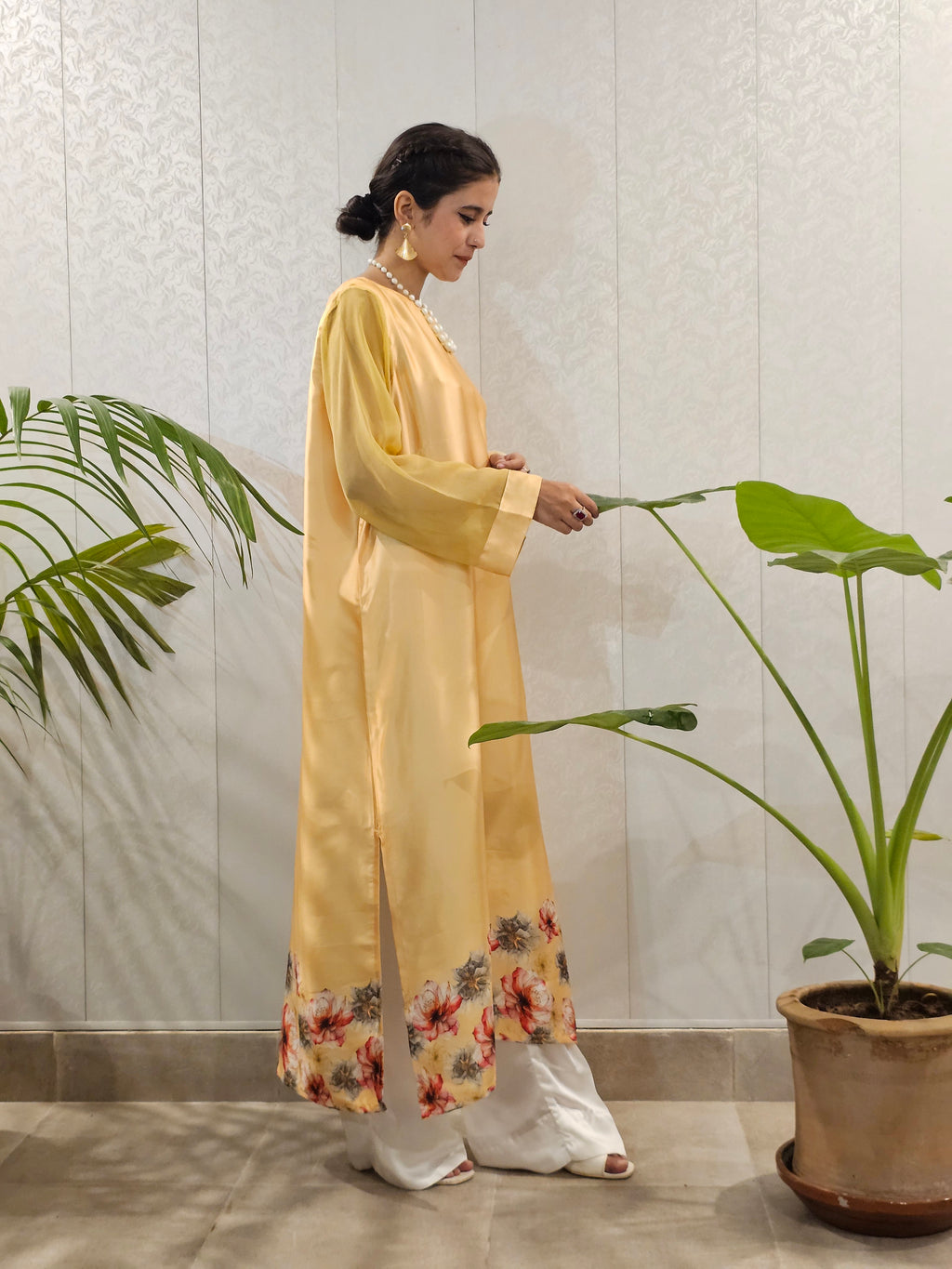 Short Silk A-Line Long Shirt Floral Border Shirt