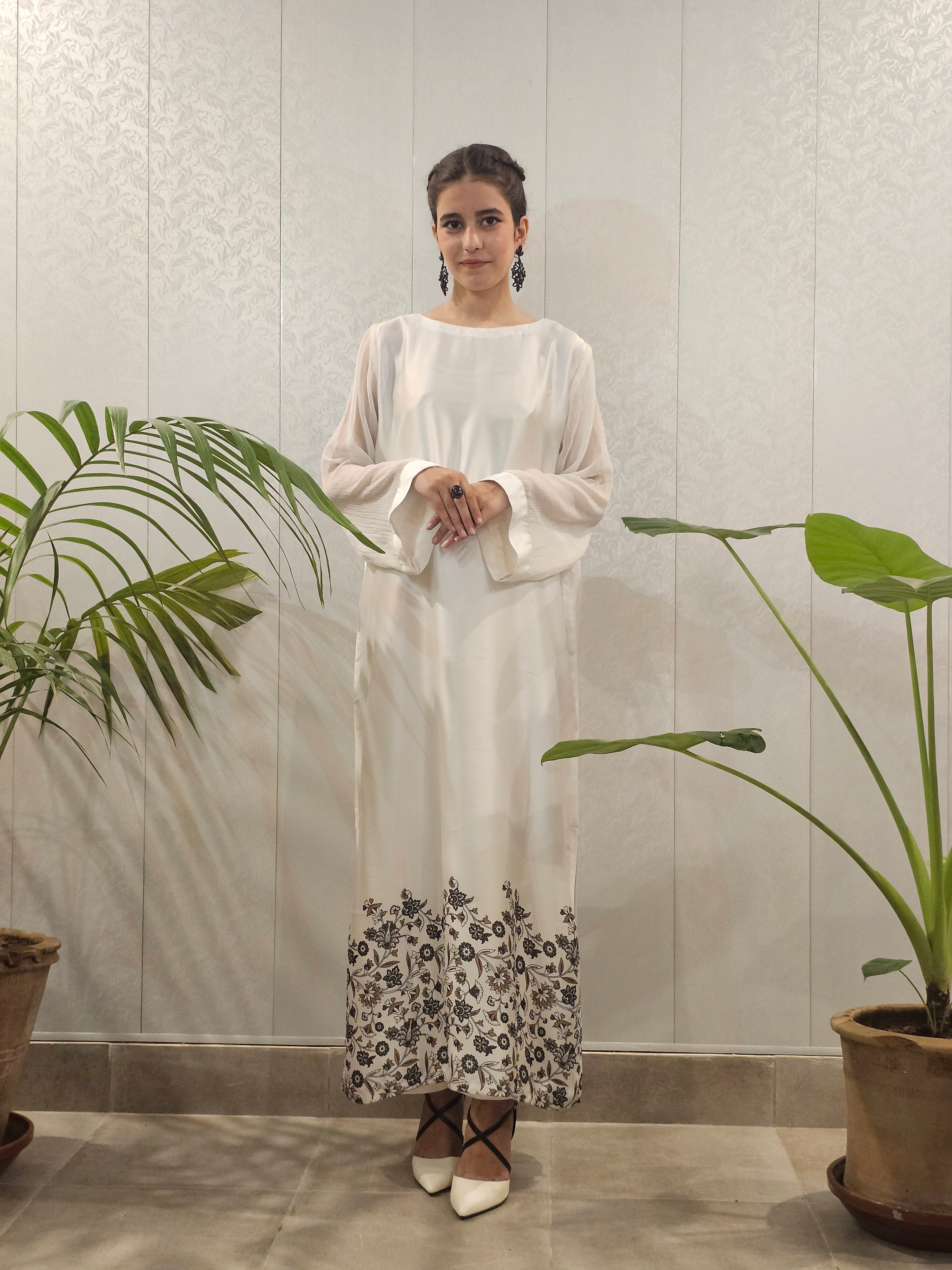 Short Silk A-Line Long Shirt Floral Border Shirt