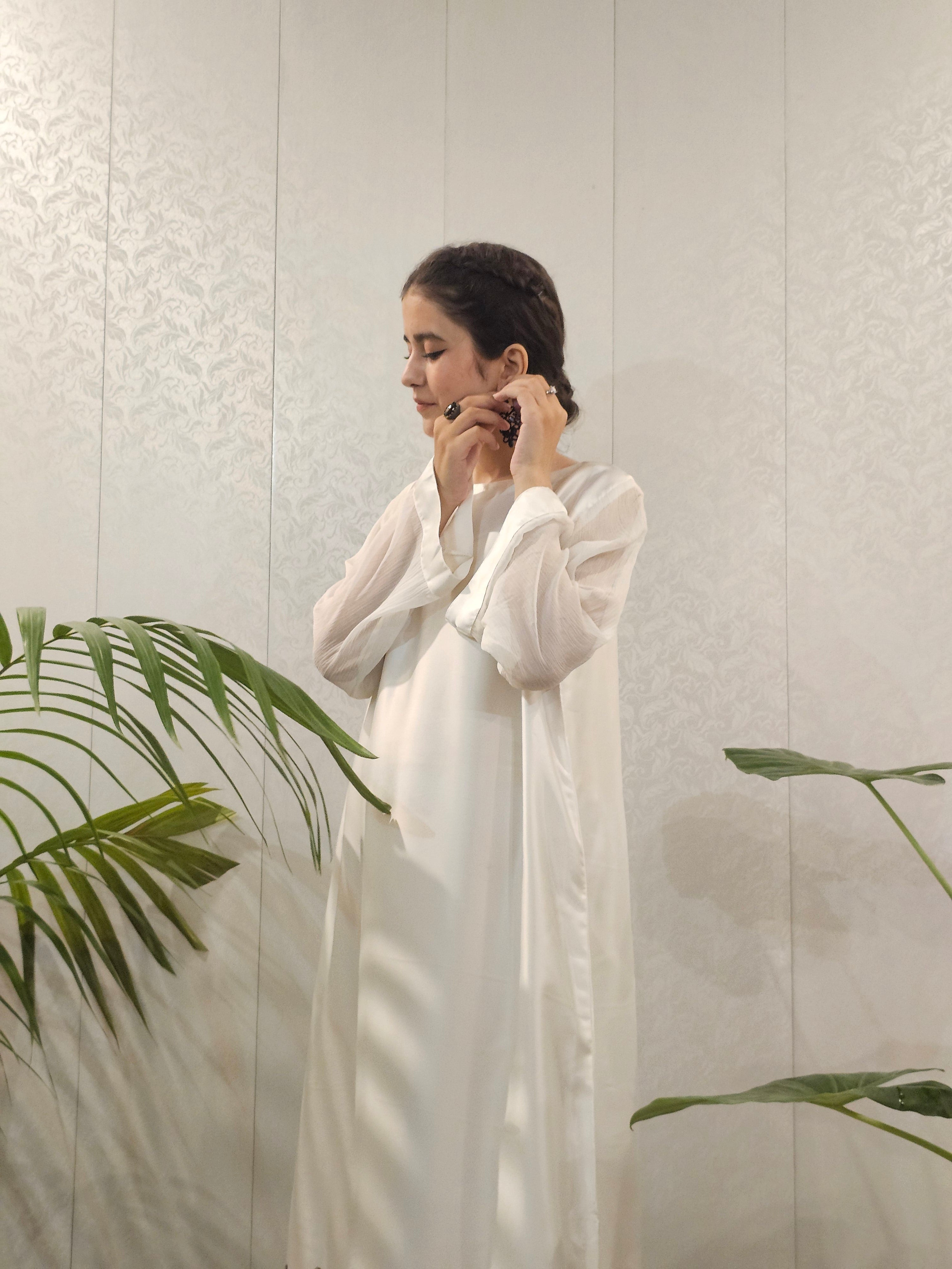 Short Silk A-Line Long Shirt Floral Border Shirt