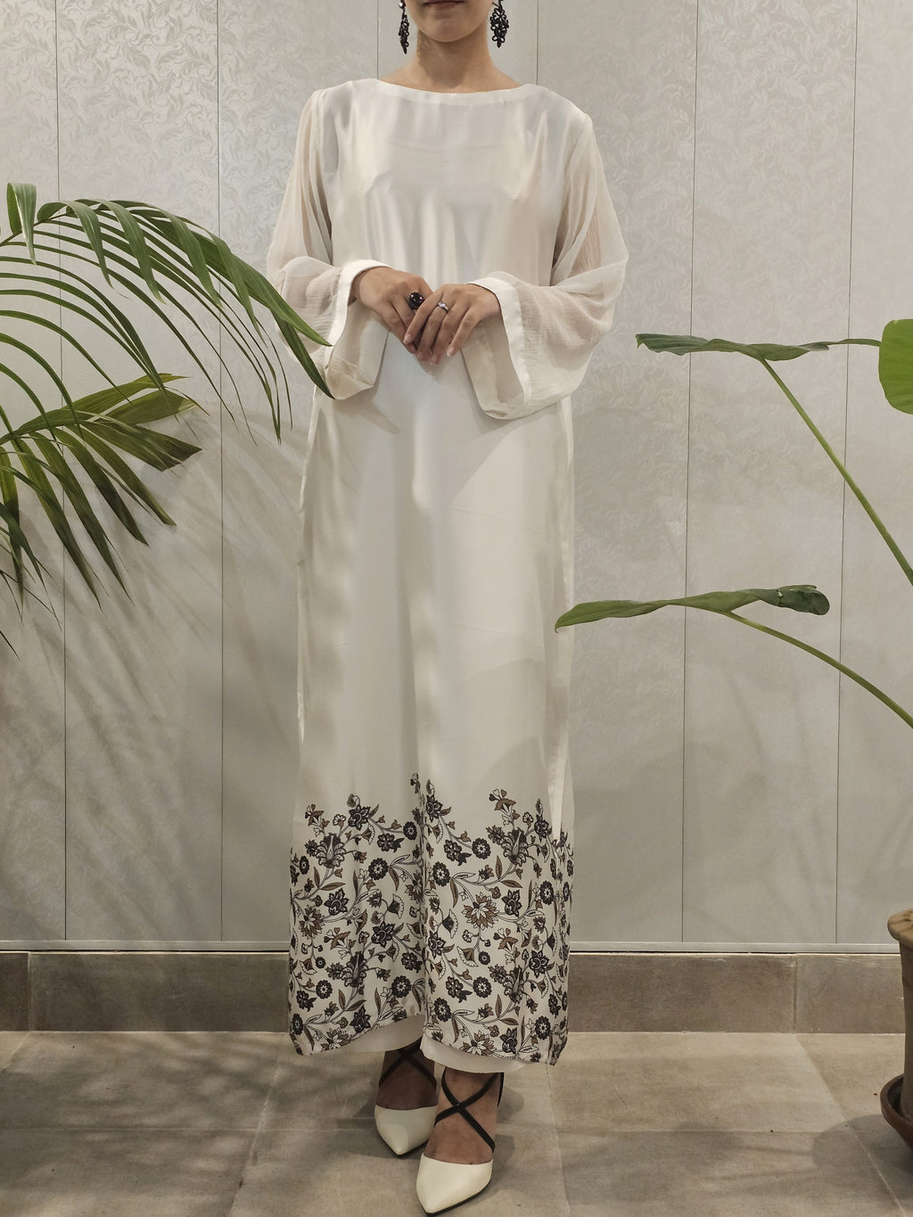 Short Silk A-Line Long Shirt Floral Border Shirt