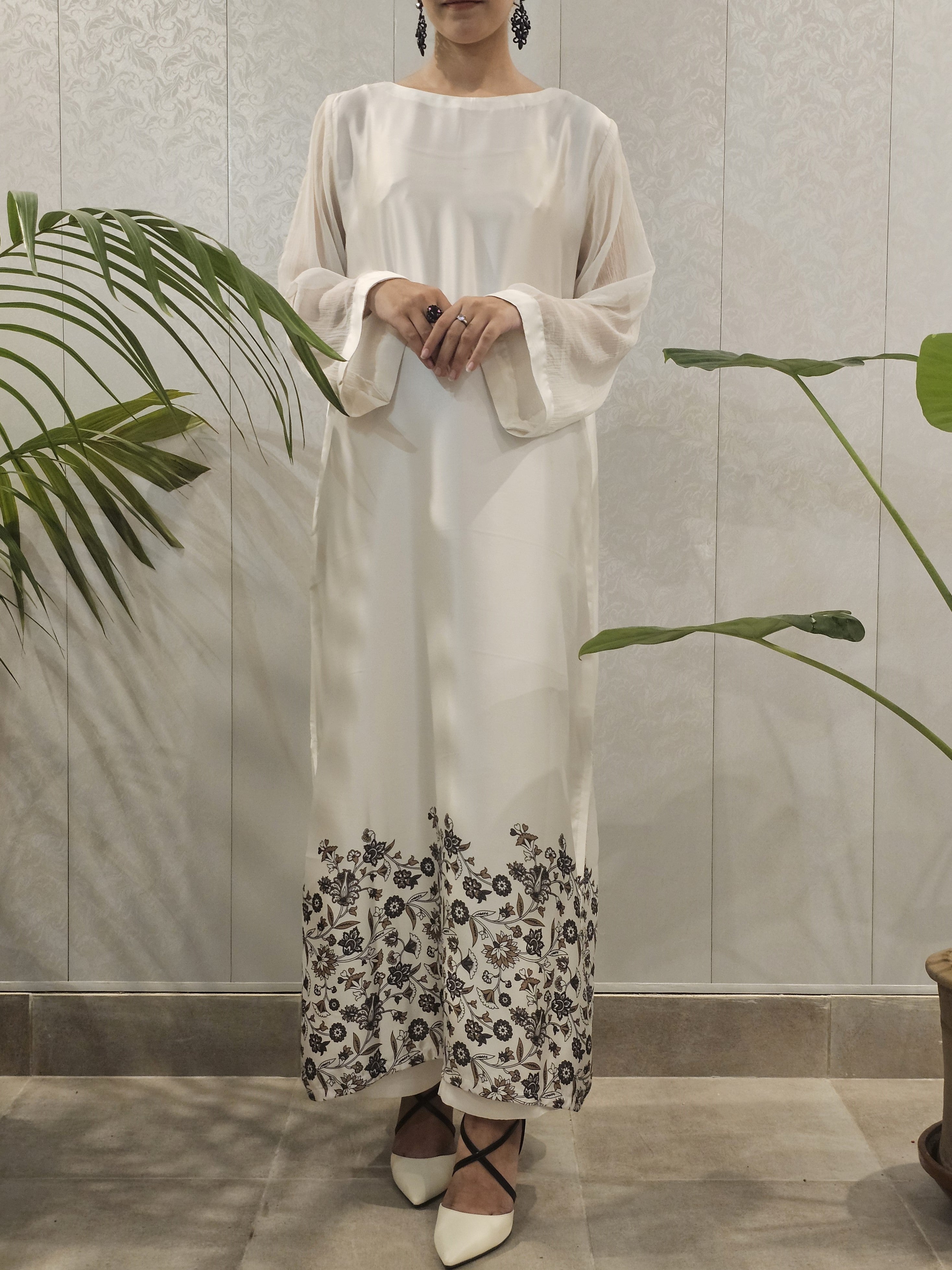 Short Silk A-Line Long Shirt Floral Border Shirt