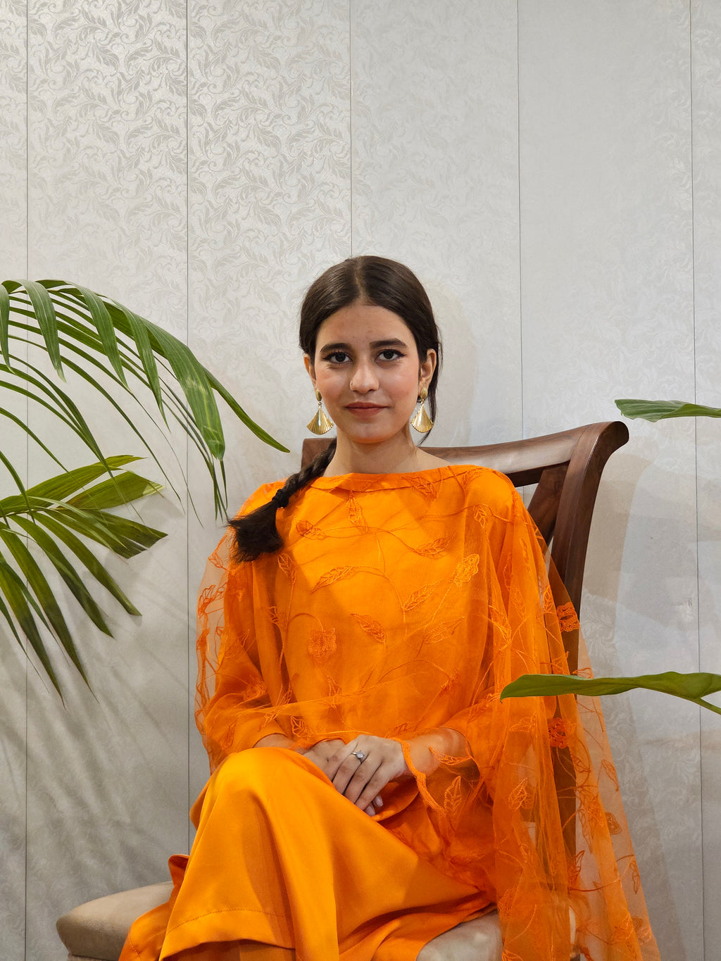 Satin Silk Suit With Net Capelet