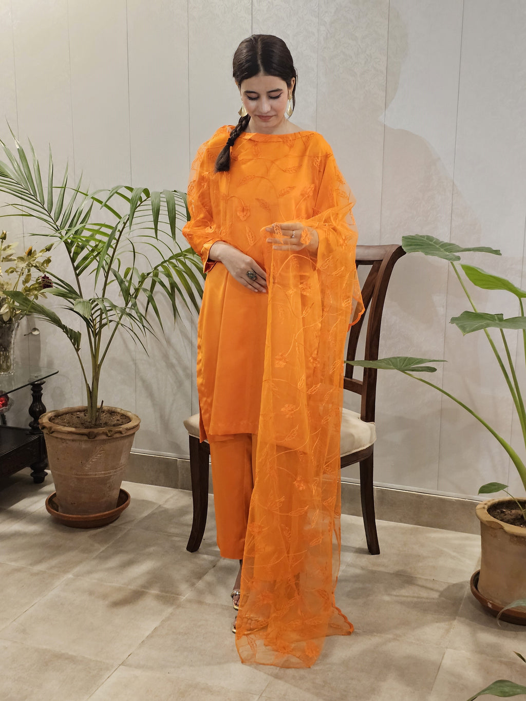 Satin Silk Suit With Net Capelet