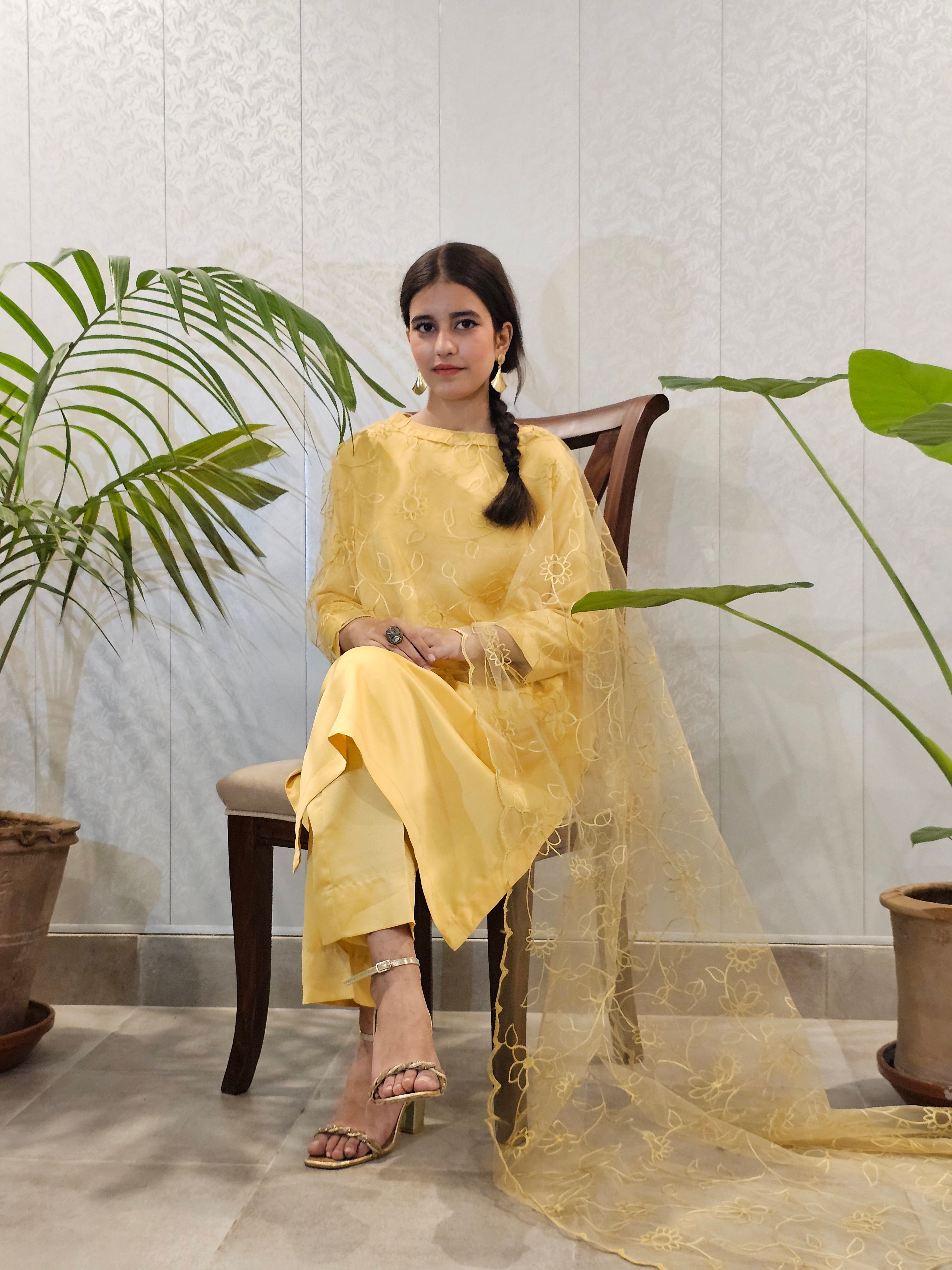 Satin Silk Suit With Net Capelet