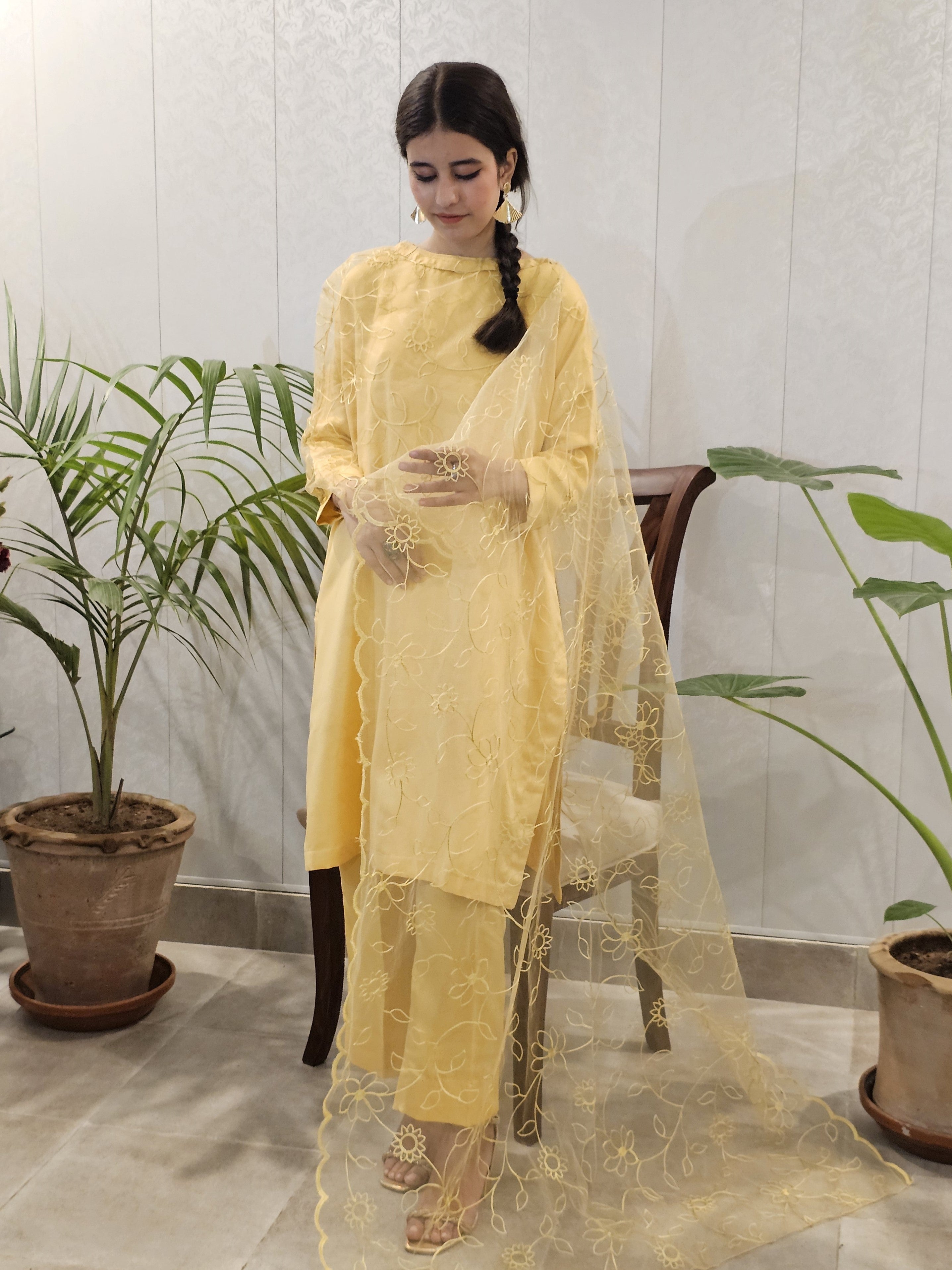 Satin Silk Suit With Net Capelet