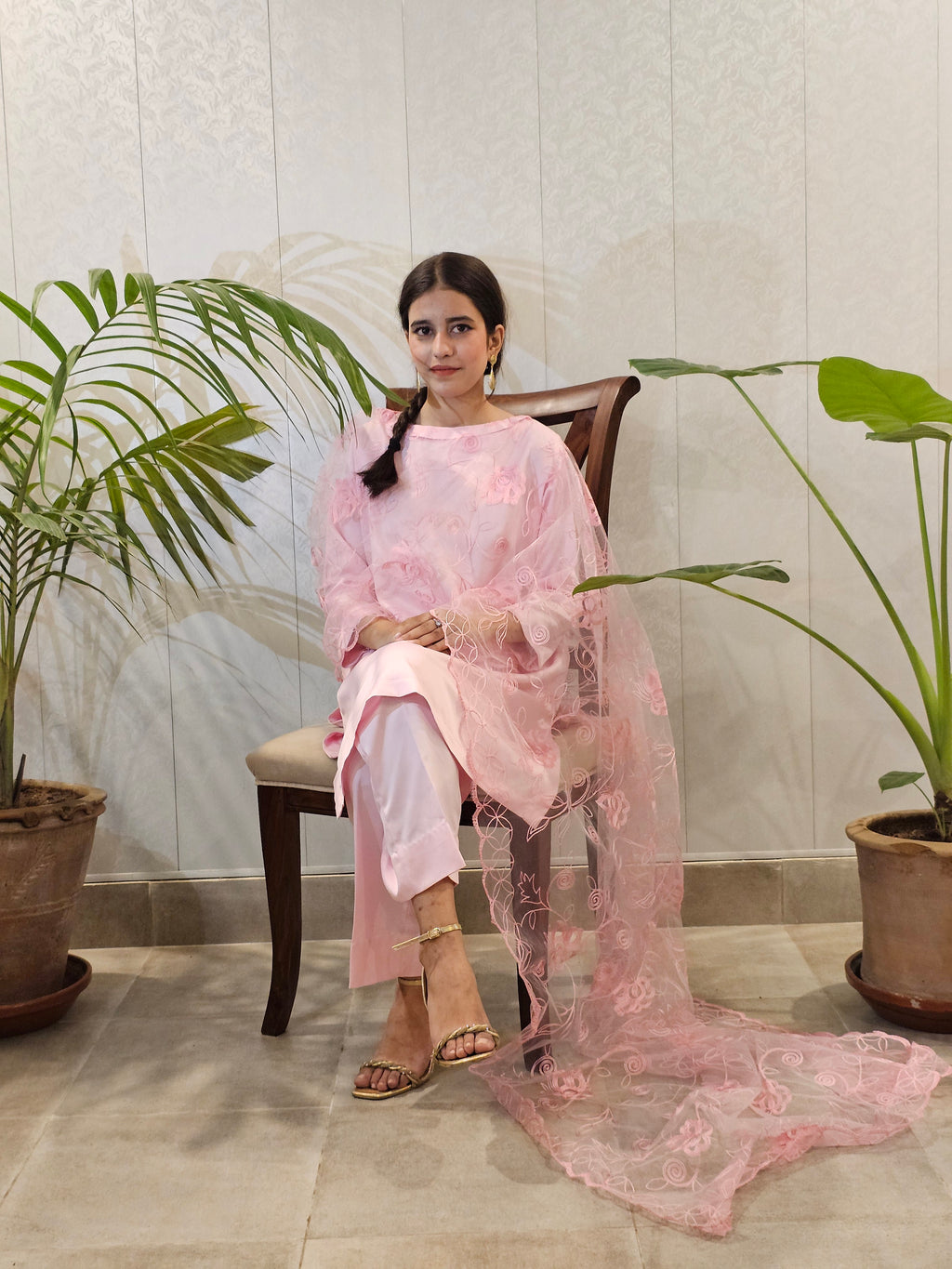 Satin Silk Suit With Net Capelet