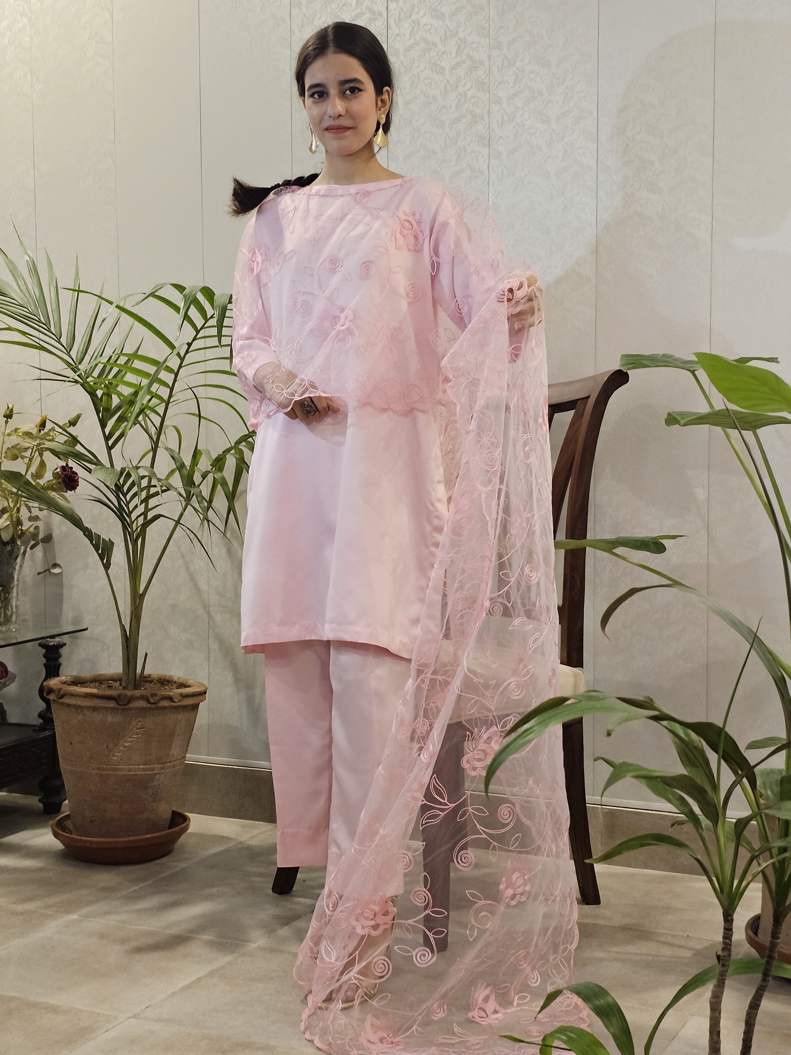 Satin Silk Suit With Net Capelet