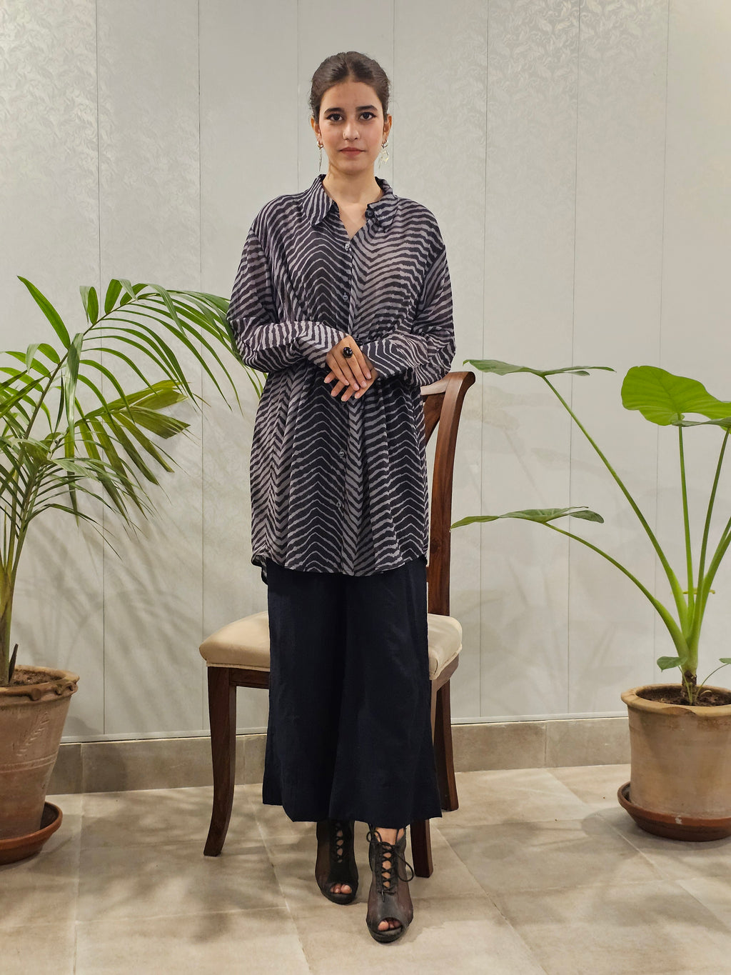 Soft Chiffon Grip Striped Shirt With Boot-Cut Plain Trousers