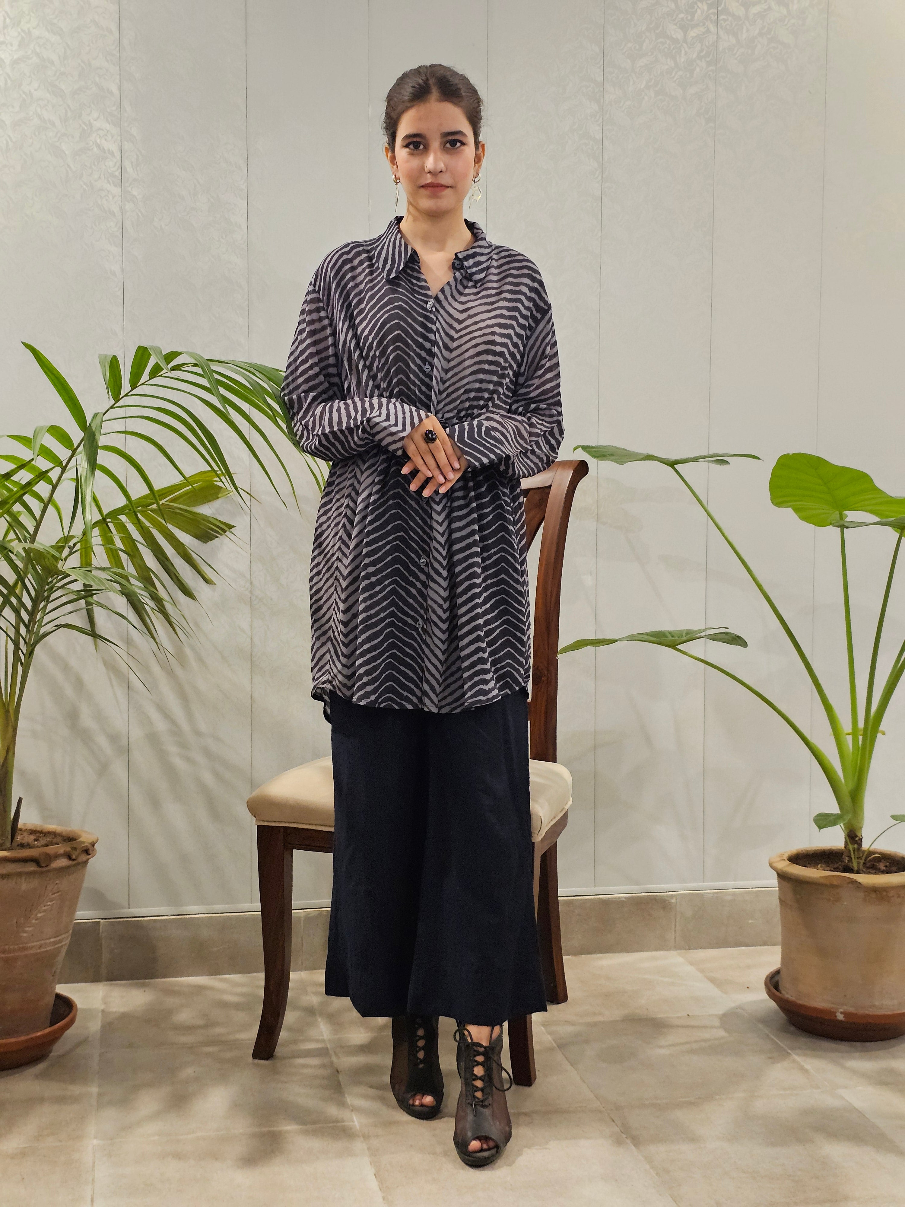 Soft Chiffon Grip Striped Shirt With Boot-Cut Plain Trousers