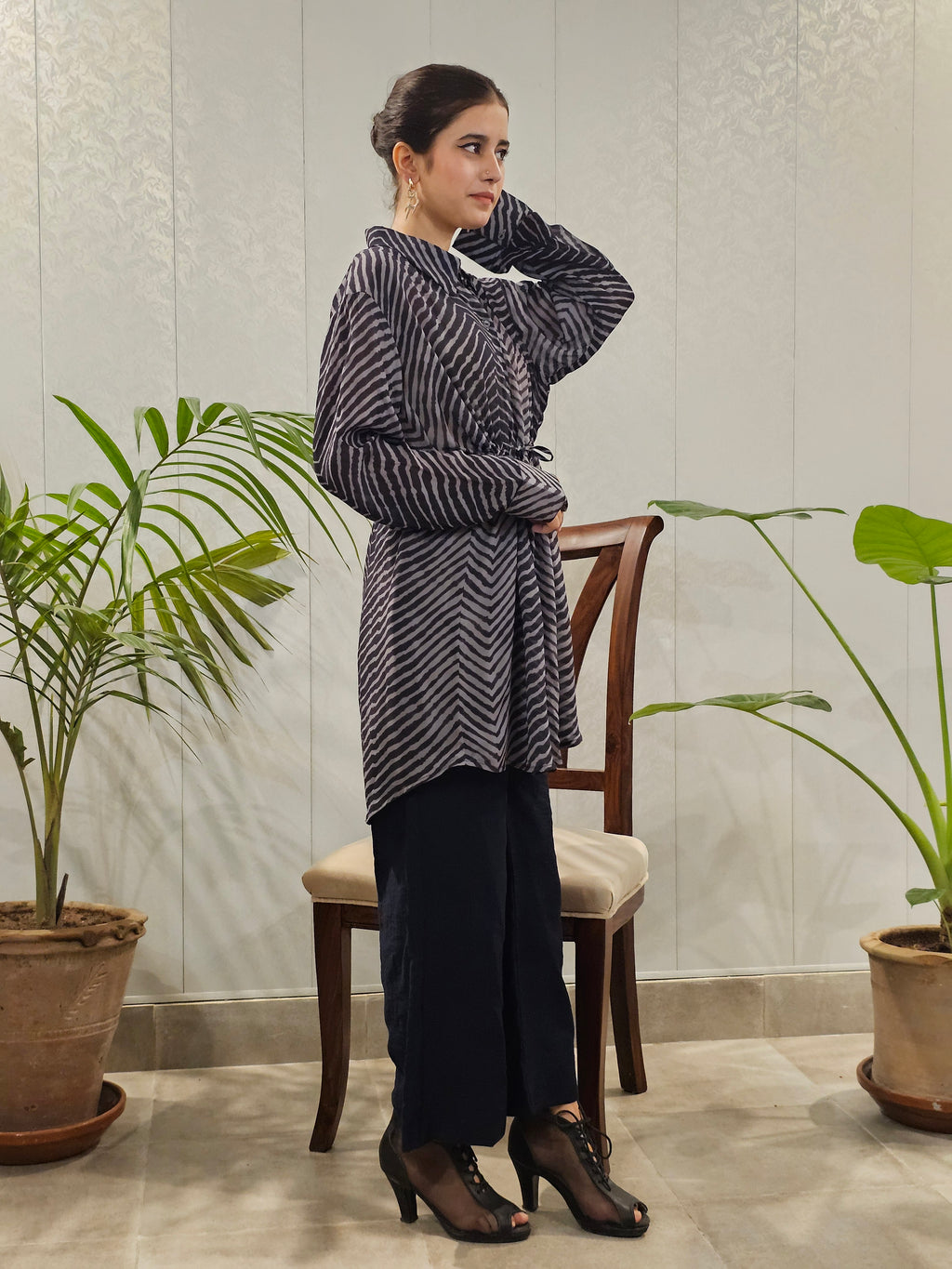 Soft Chiffon Grip Striped Shirt With Boot-Cut Plain Trousers