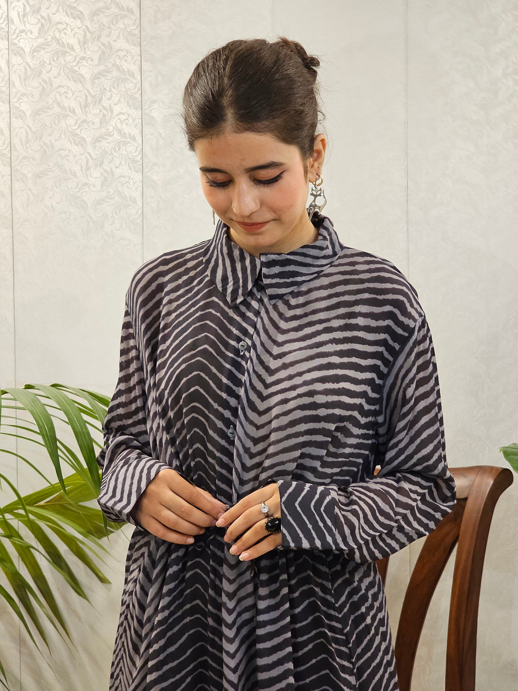 Soft Chiffon Grip Striped Shirt With Boot-Cut Plain Trousers