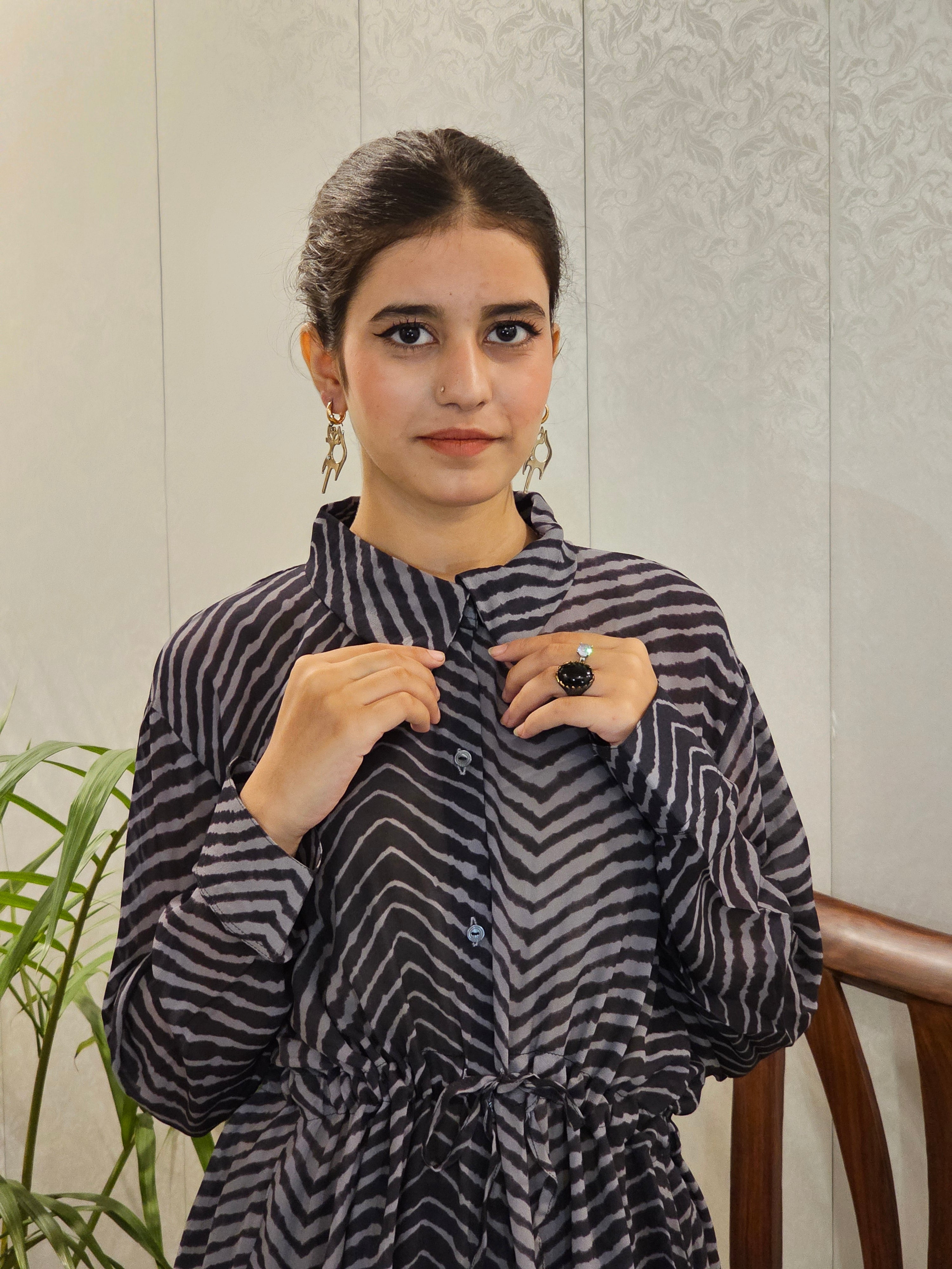 Soft Chiffon Grip Striped Shirt With Boot-Cut Plain Trousers