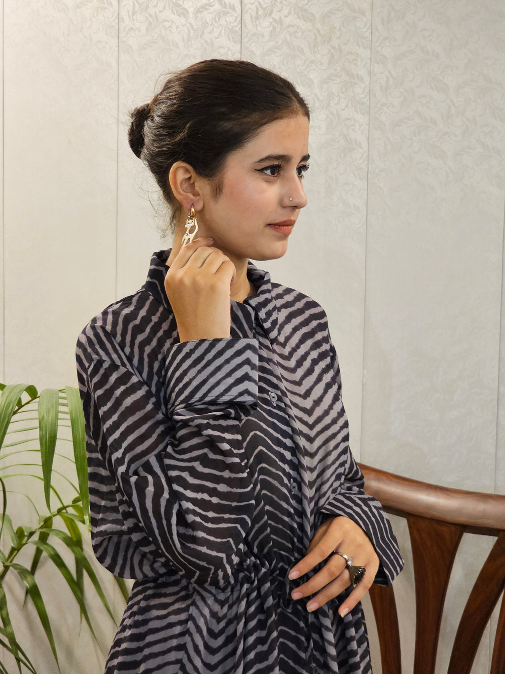 Soft Chiffon Grip Striped Shirt With Boot-Cut Plain Trousers