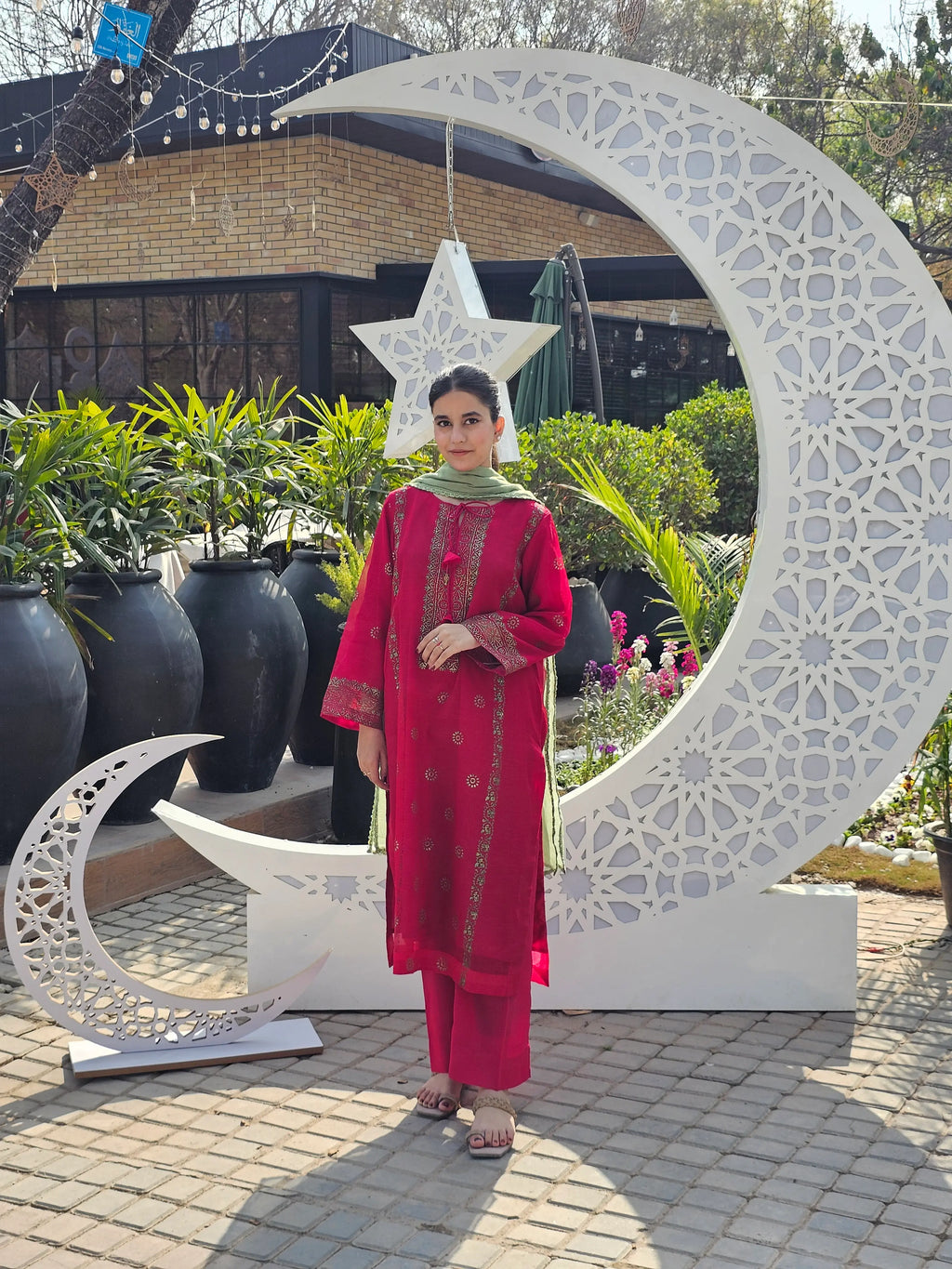 Hibiscus Cotton-Net 3-Piece Suit With Block Printing