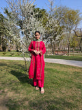 Hibiscus Cotton-Net 3-Piece Suit With Block Printing