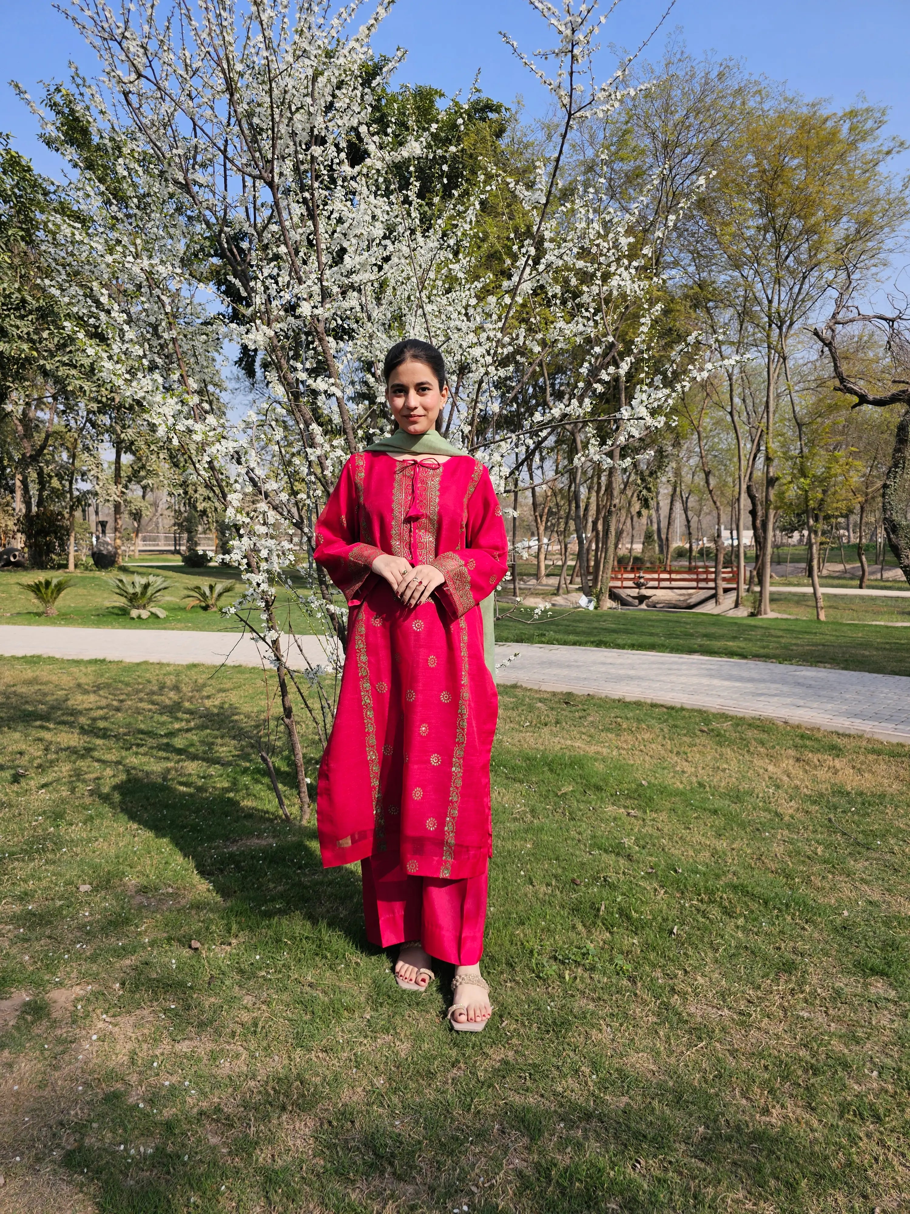 Hibiscus Cotton-Net 3-Piece Suit With Block Printing