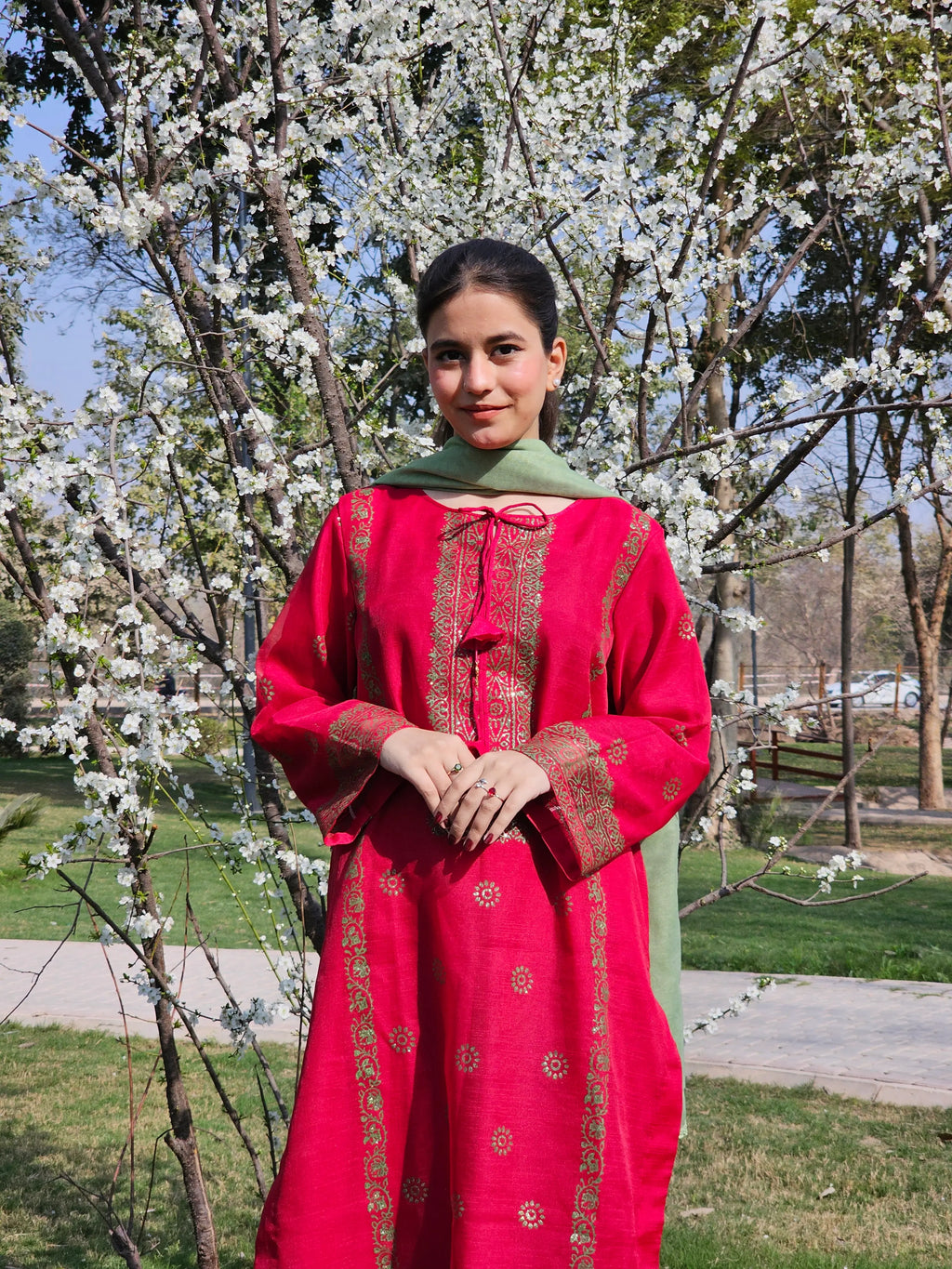 Hibiscus Cotton-Net 3-Piece Suit With Block Printing