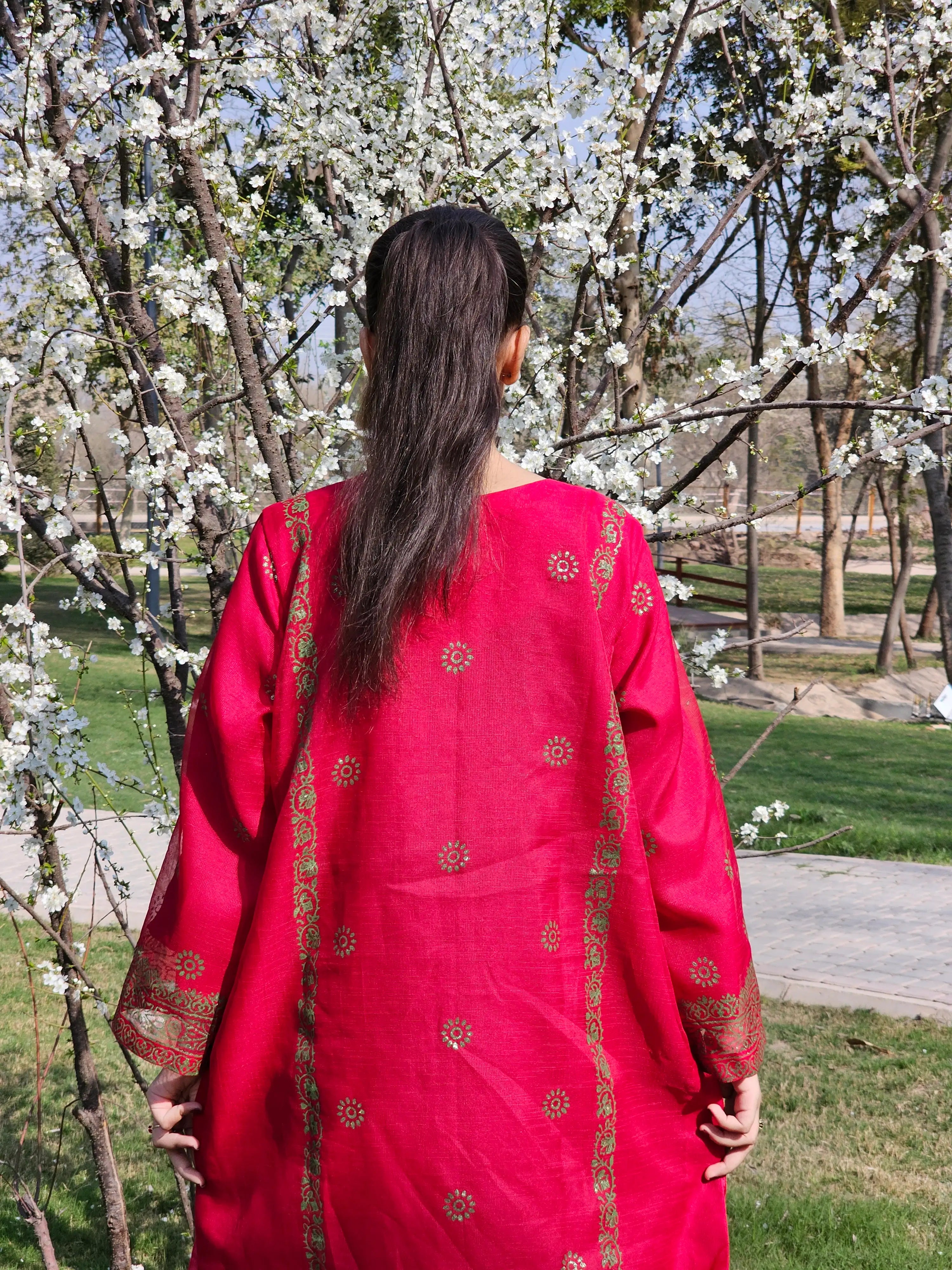 Hibiscus Cotton-Net 3-Piece Suit With Block Printing