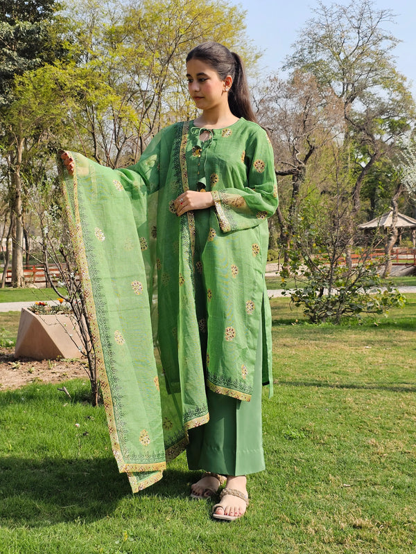 Traditional Leaf Green Block Print 3-Piece Suit