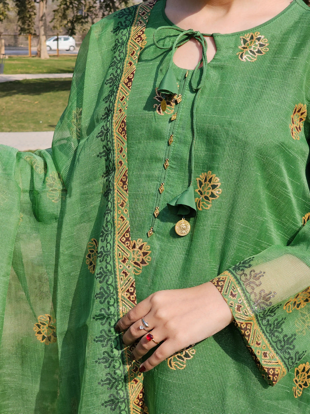 Traditional Leaf Green Block Print 3-Piece Suit