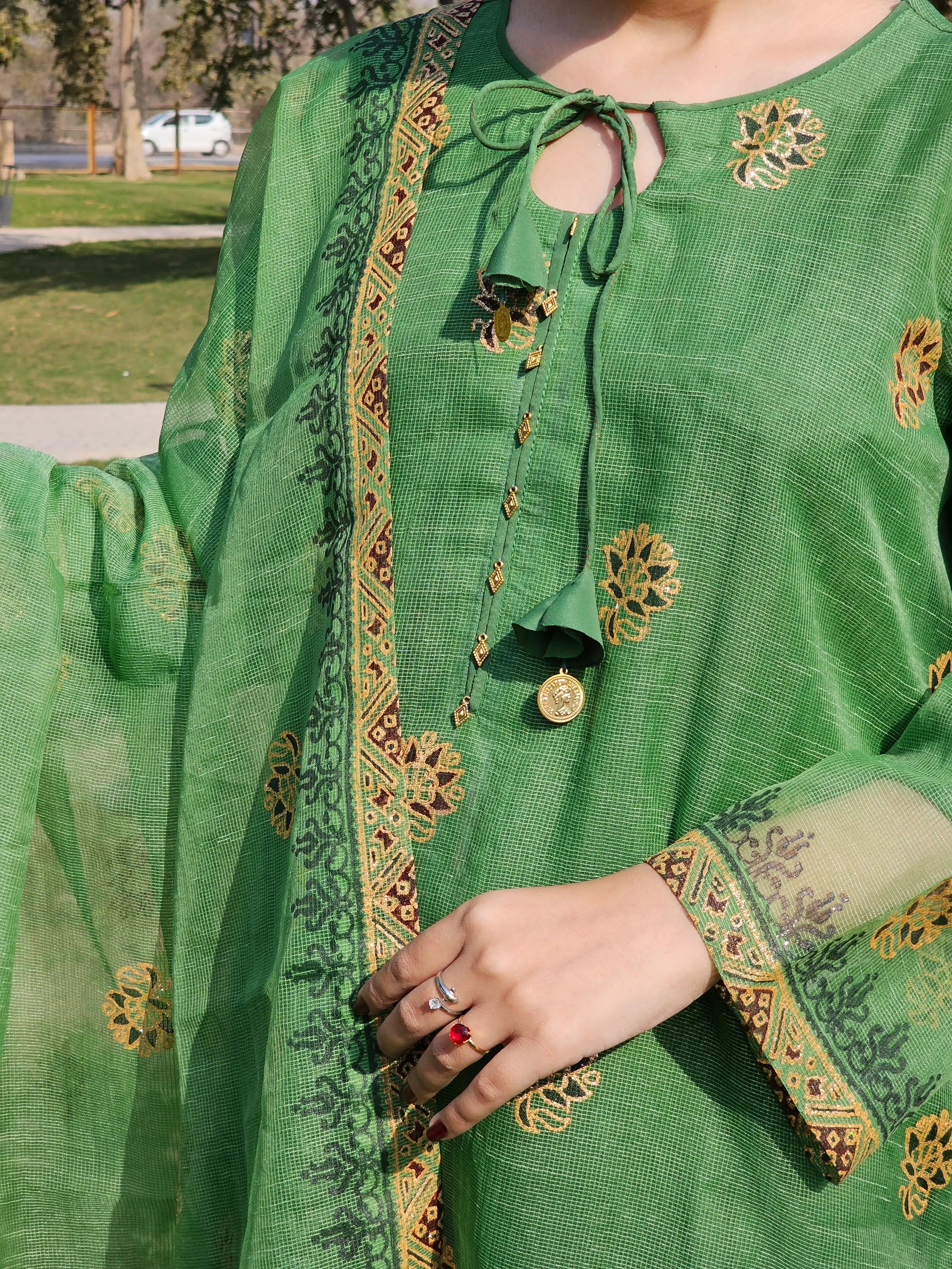 Traditional Leaf Green Block Print 3-Piece Suit
