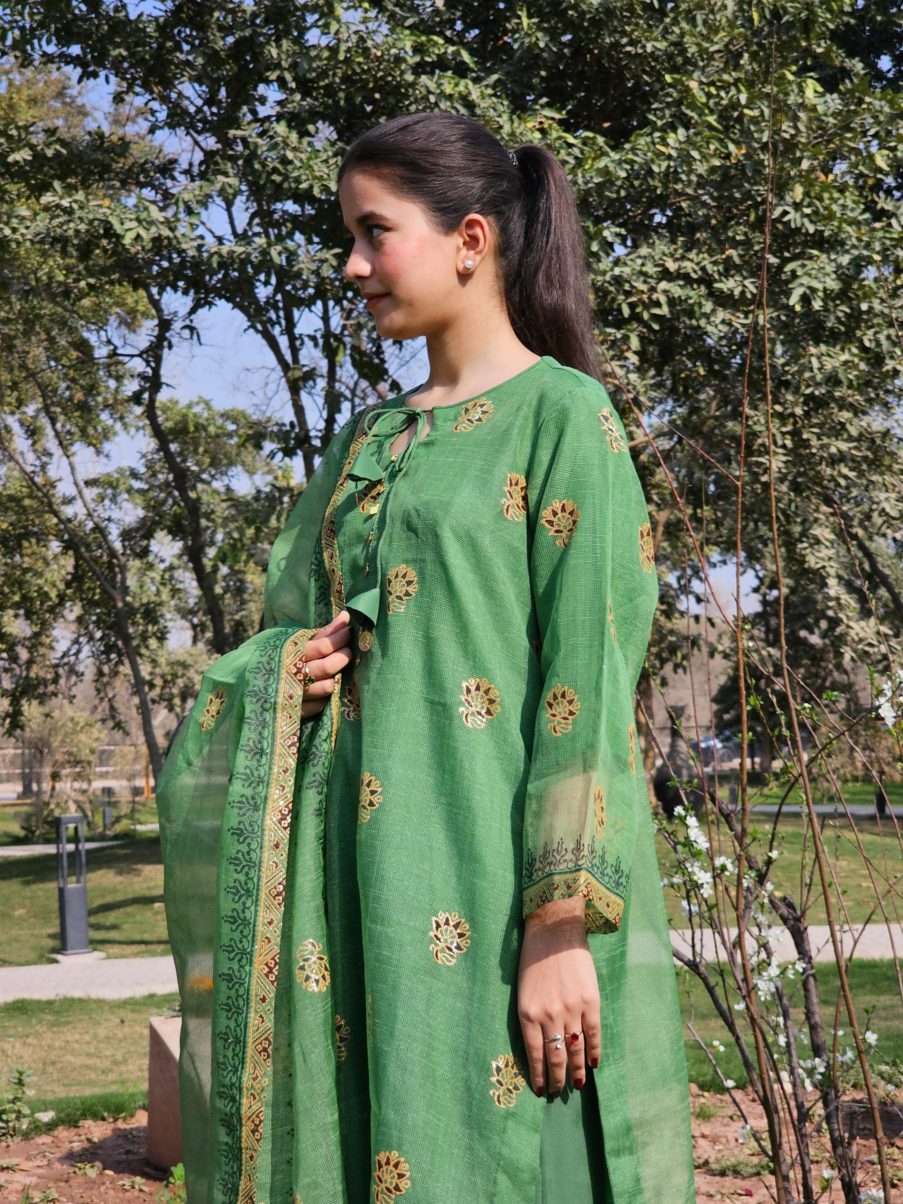 Traditional Leaf Green Block Print 3-Piece Suit