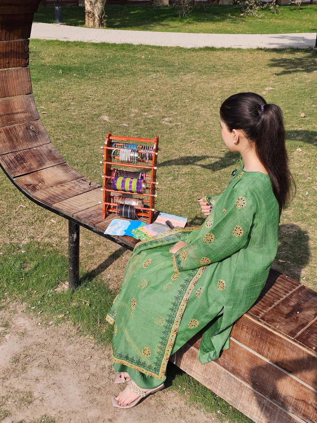 Traditional Leaf Green Block Print 3-Piece Suit