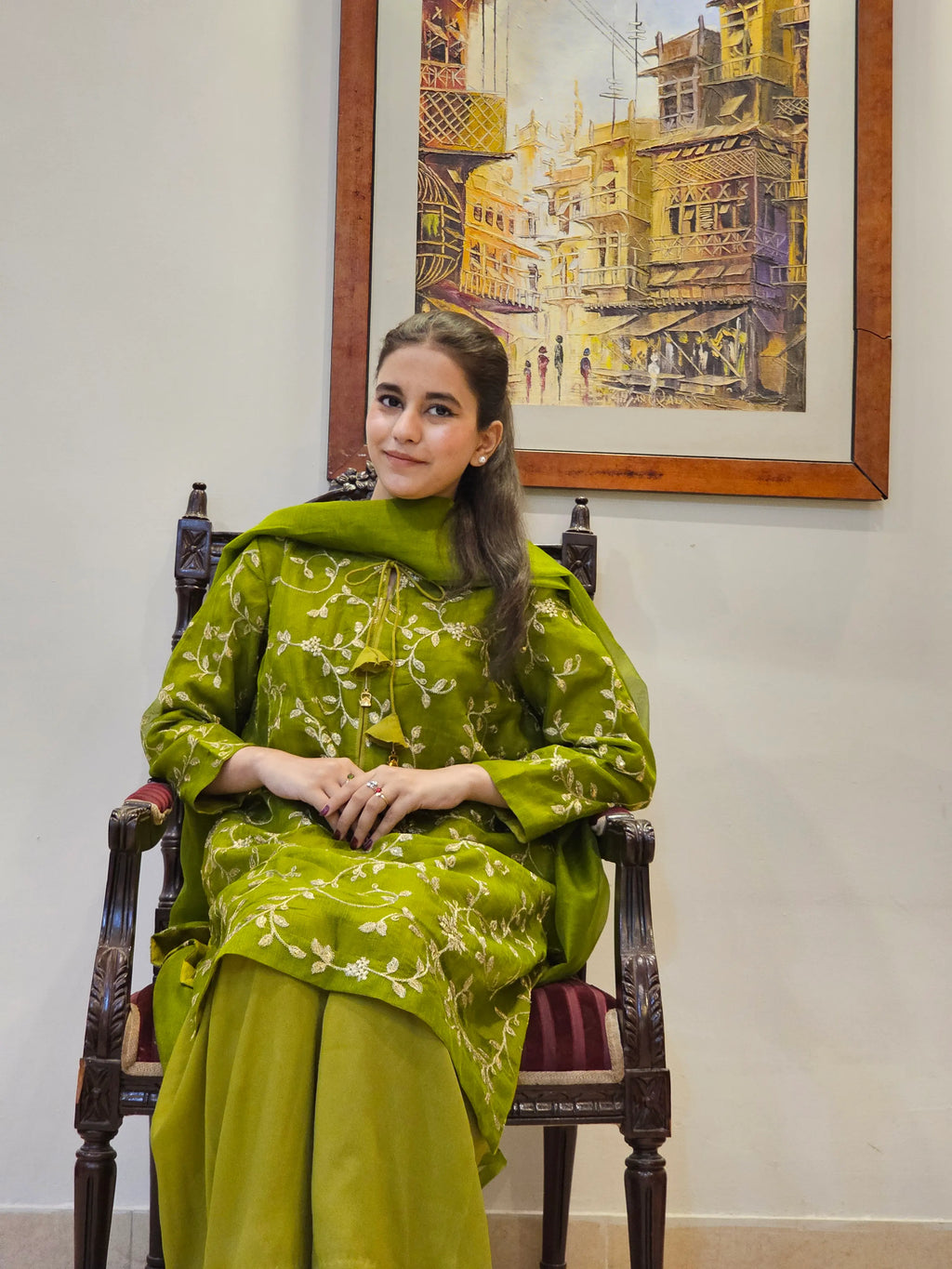 Olive Green Tilla Embroidered Cotton Net 3 Piece Suit with Farshi Shalwar