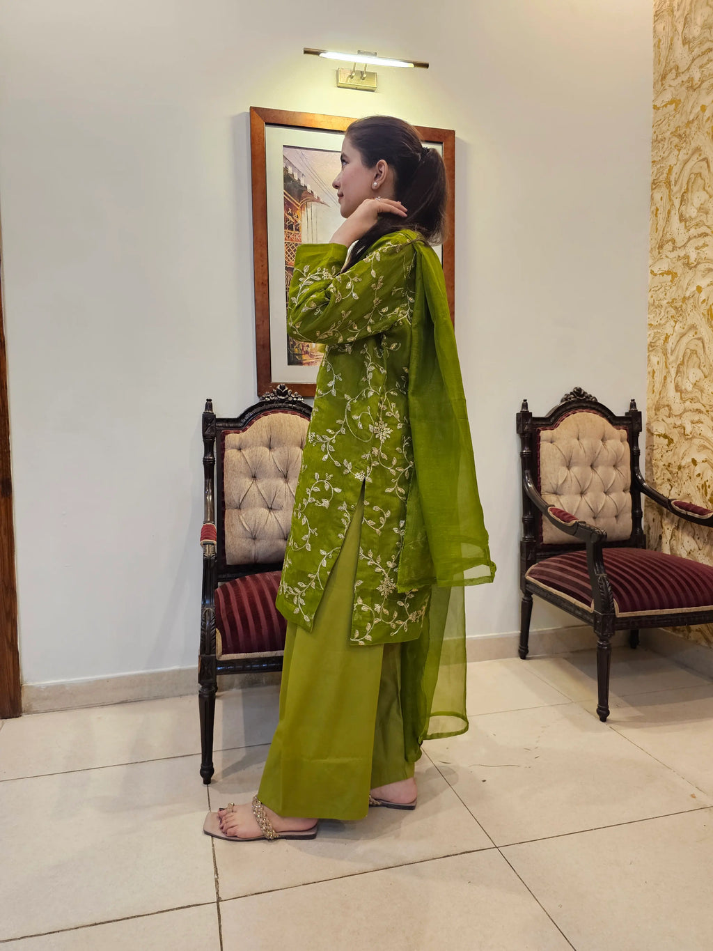 Olive Green Tilla Embroidered Cotton Net 3 Piece Suit with Farshi Shalwar