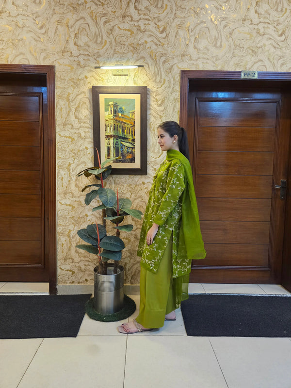 Olive Green Tilla Embroidered Cotton Net 3 Piece Suit with Farshi Shalwar