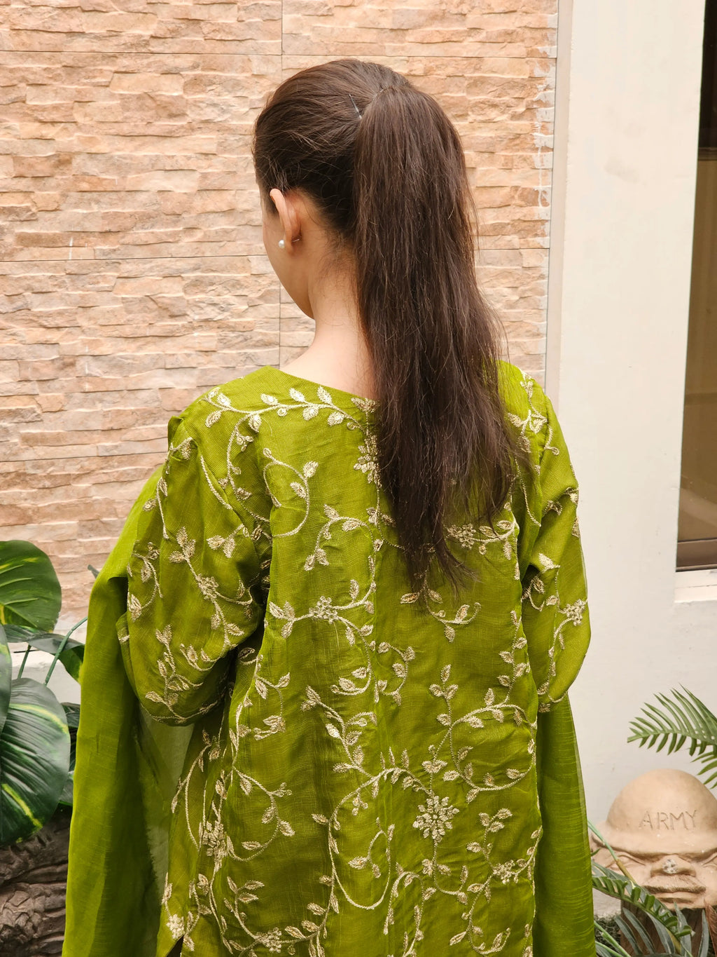 Olive Green Tilla Embroidered Cotton Net 3 Piece Suit with Farshi Shalwar