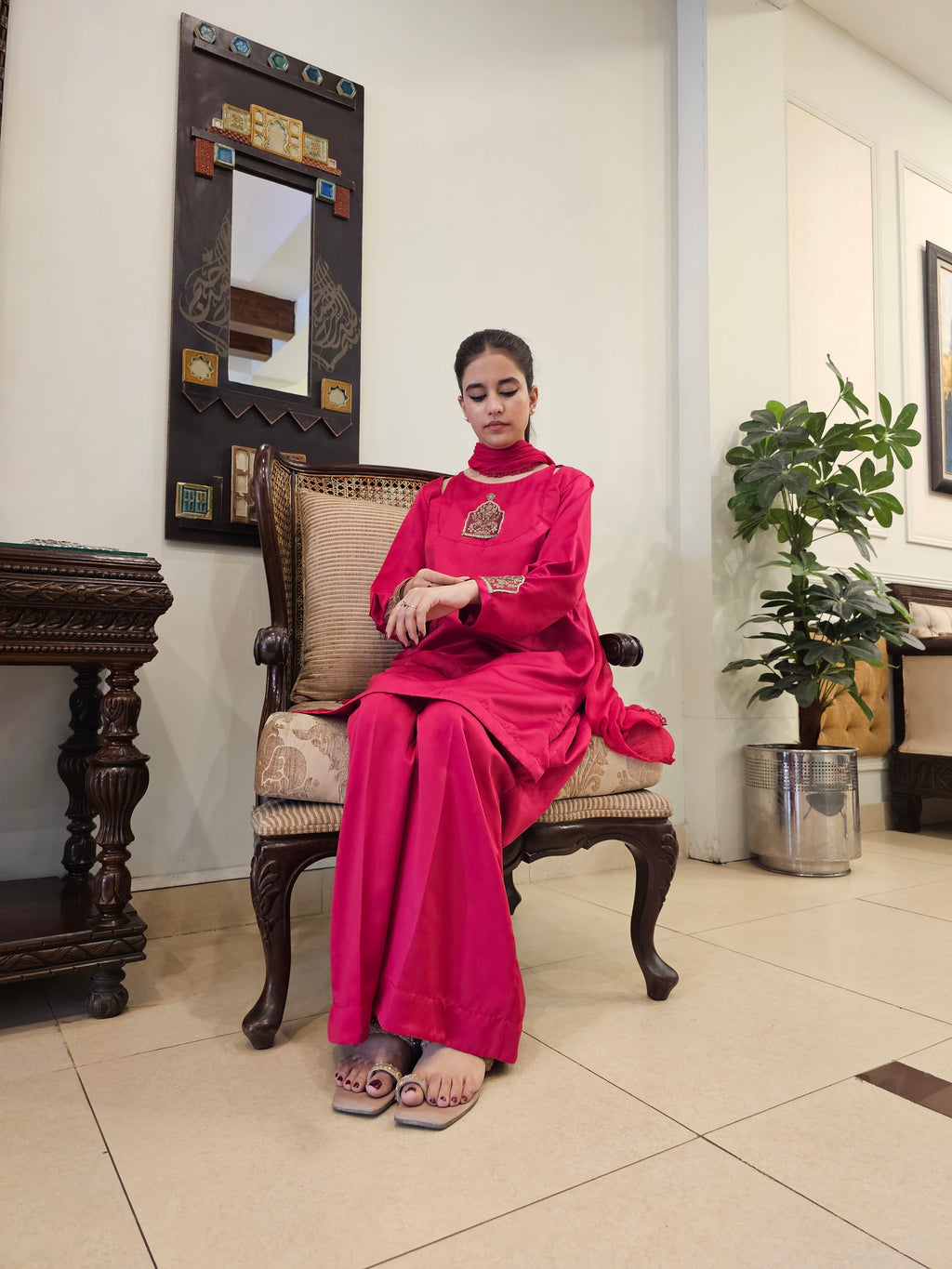 Hibiscus Pink Satin Silk Outfit with Chiffon Dupatta and Boot Cut Trousers