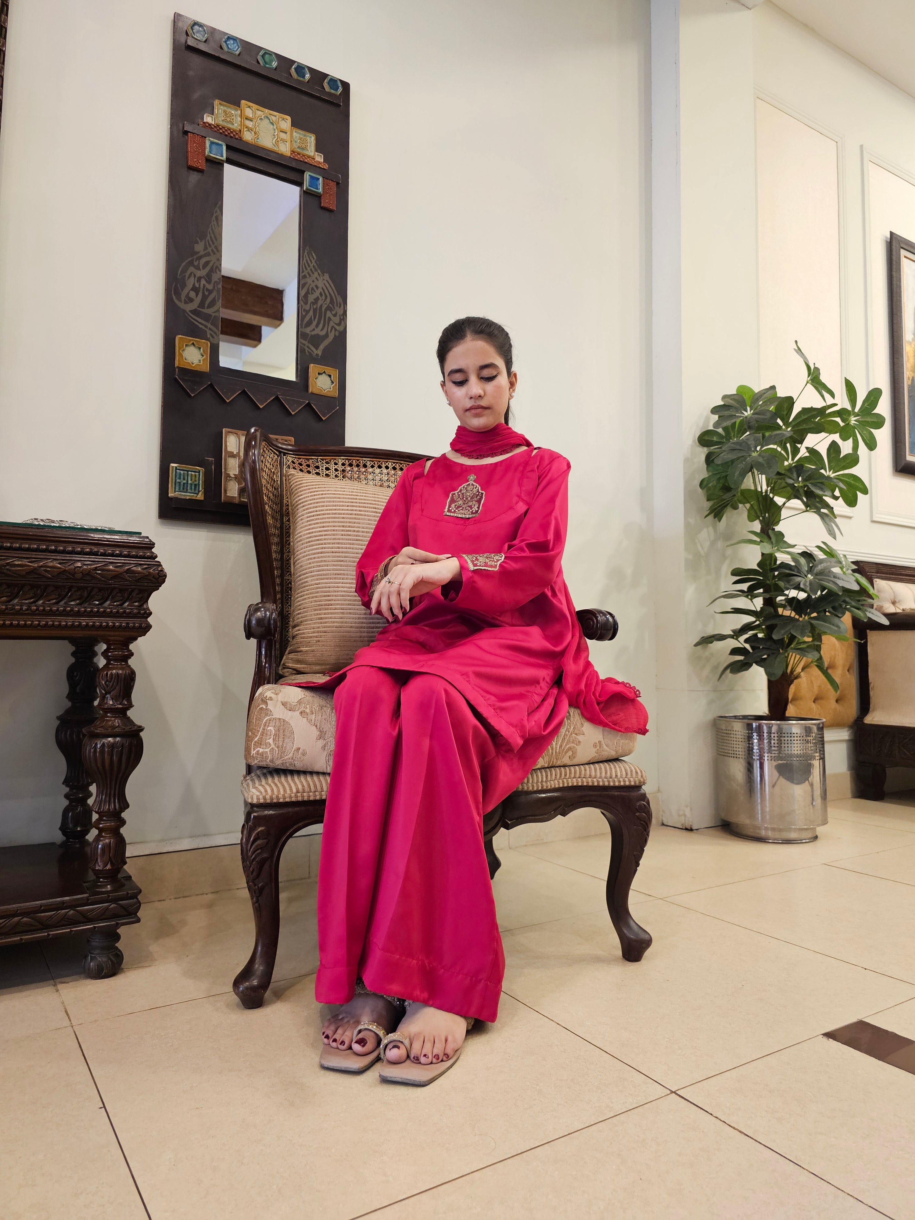 Hibiscus Pink Satin Silk Outfit with Chiffon Dupatta and Boot Cut Trousers