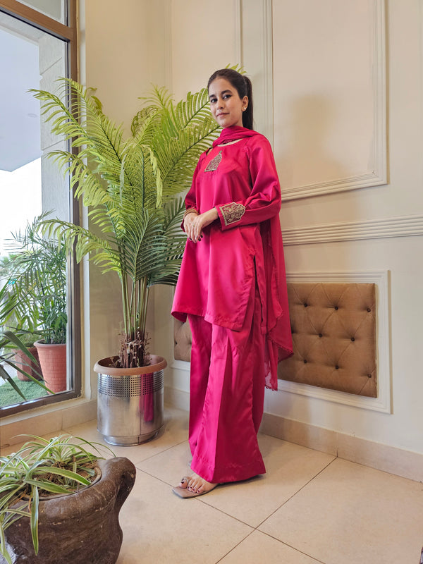 Hibiscus Pink Satin Silk Outfit with Chiffon Dupatta and Boot Cut Trousers