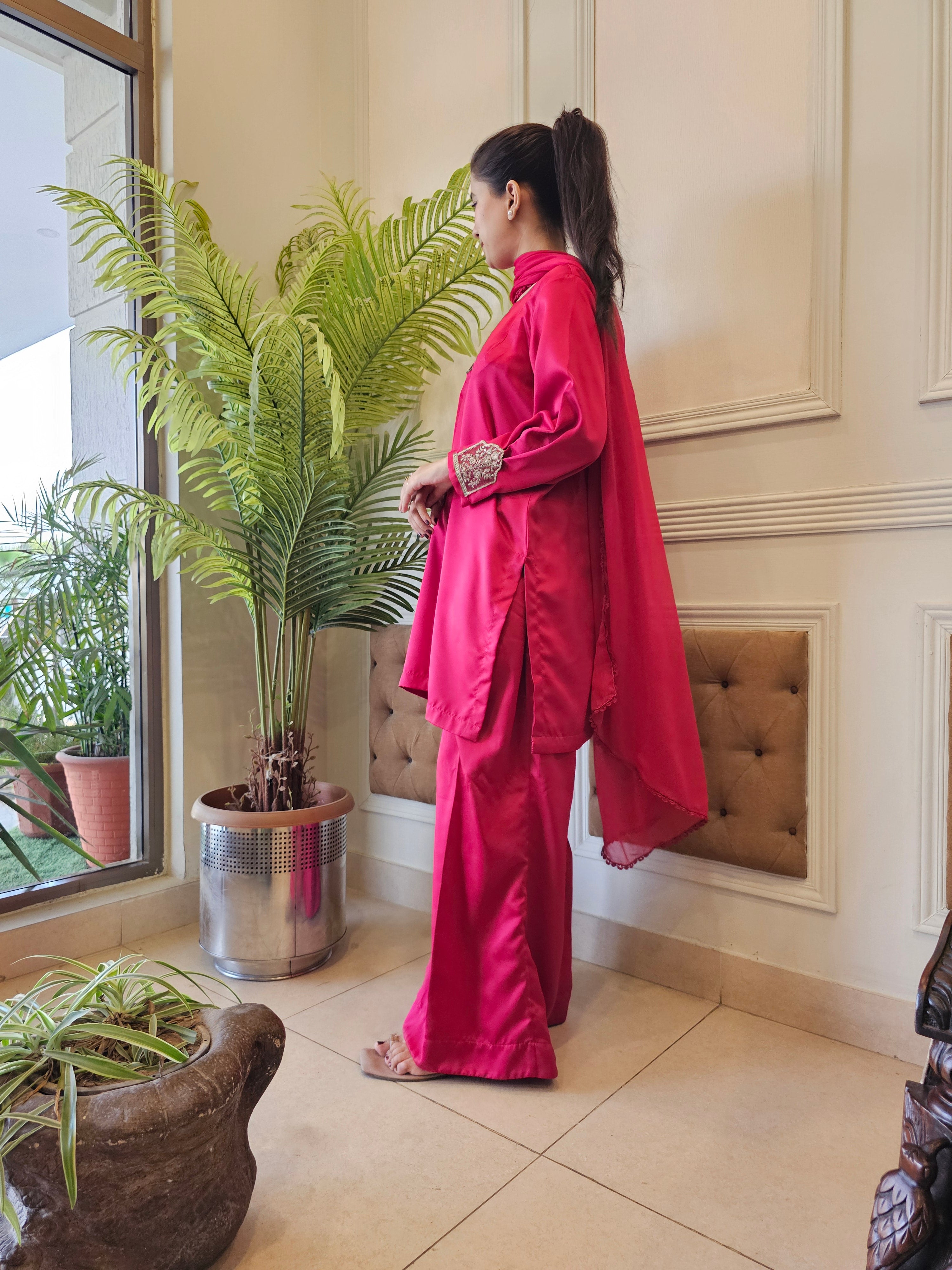 Hibiscus Pink Satin Silk Outfit with Chiffon Dupatta and Boot Cut Trousers