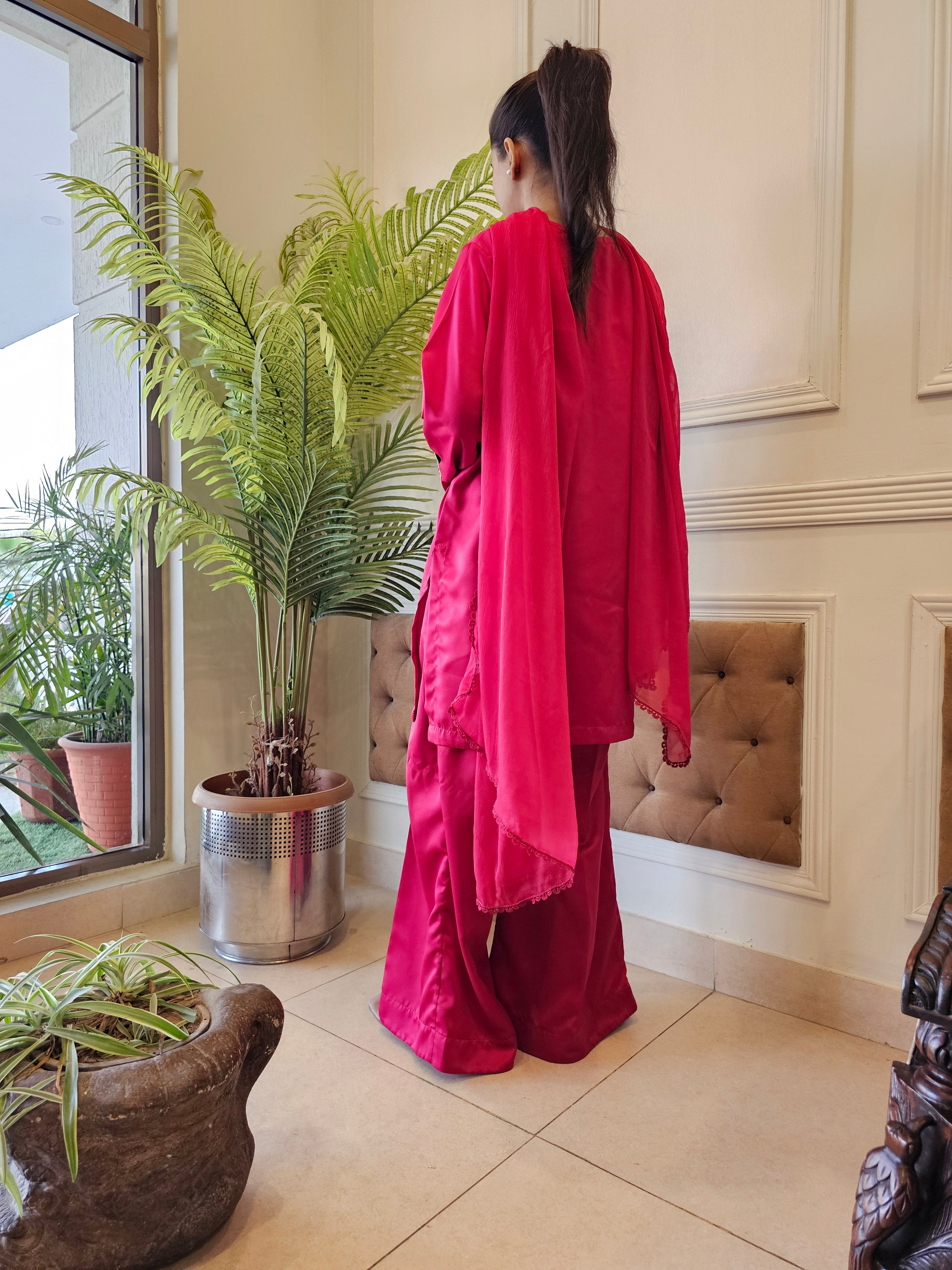 Hibiscus Pink Satin Silk Outfit with Chiffon Dupatta and Boot Cut Trousers