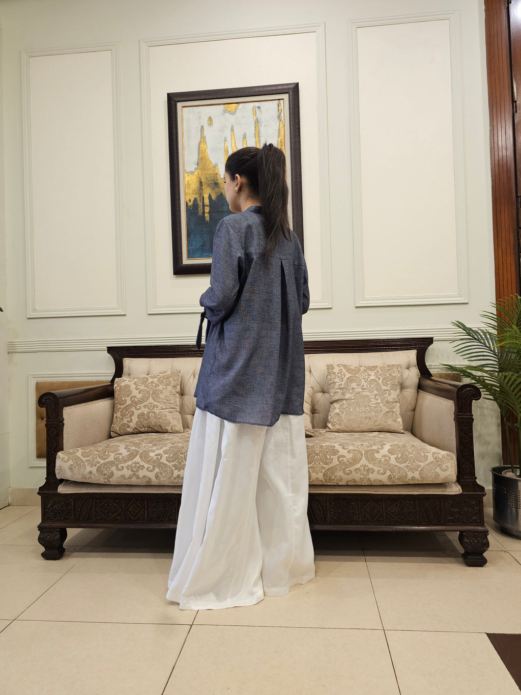 Slate Blue Pebble Crepe Short Kurti with White Silk Sharara