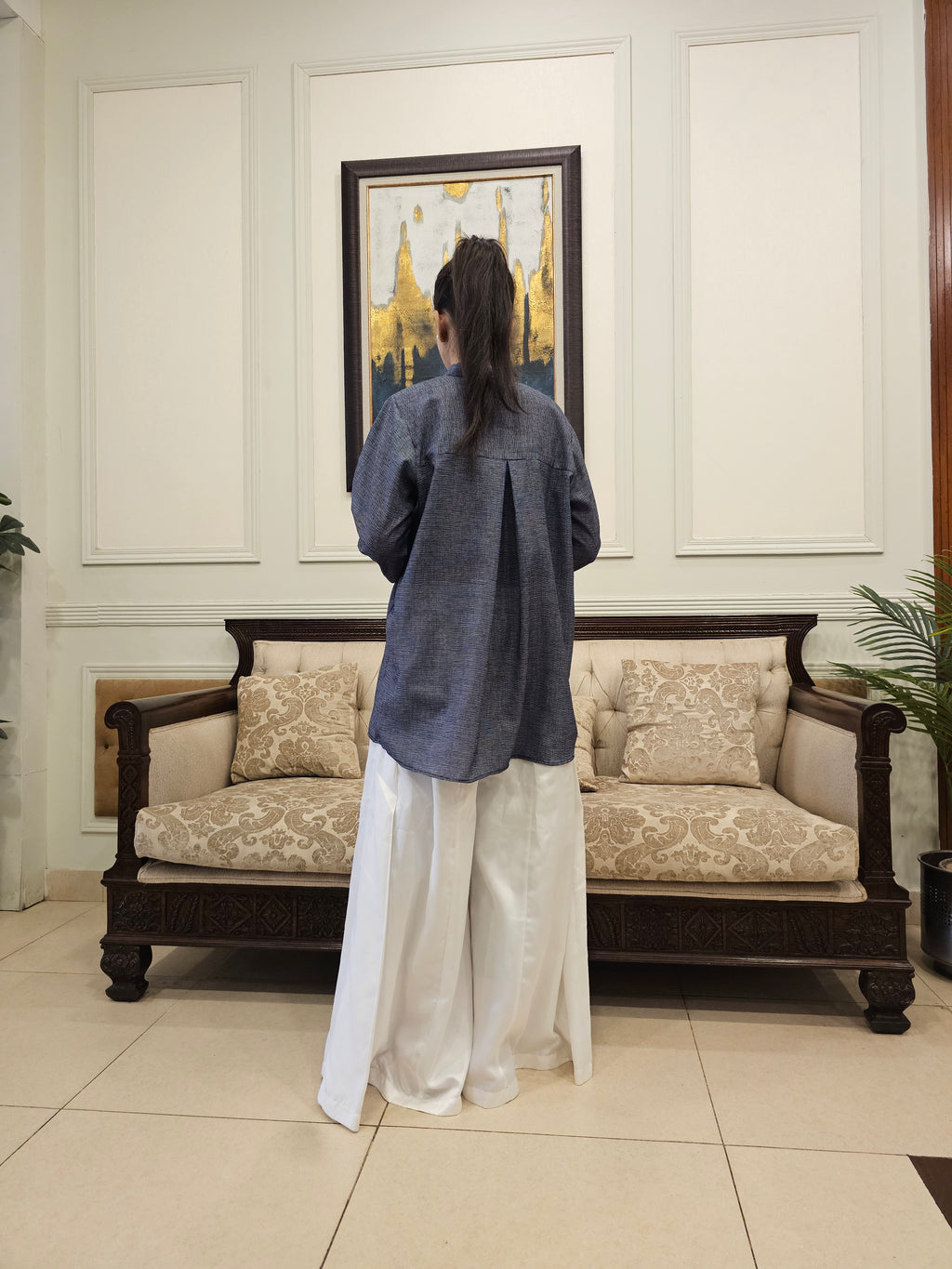 Slate Blue Pebble Crepe Short Kurti with White Silk Sharara